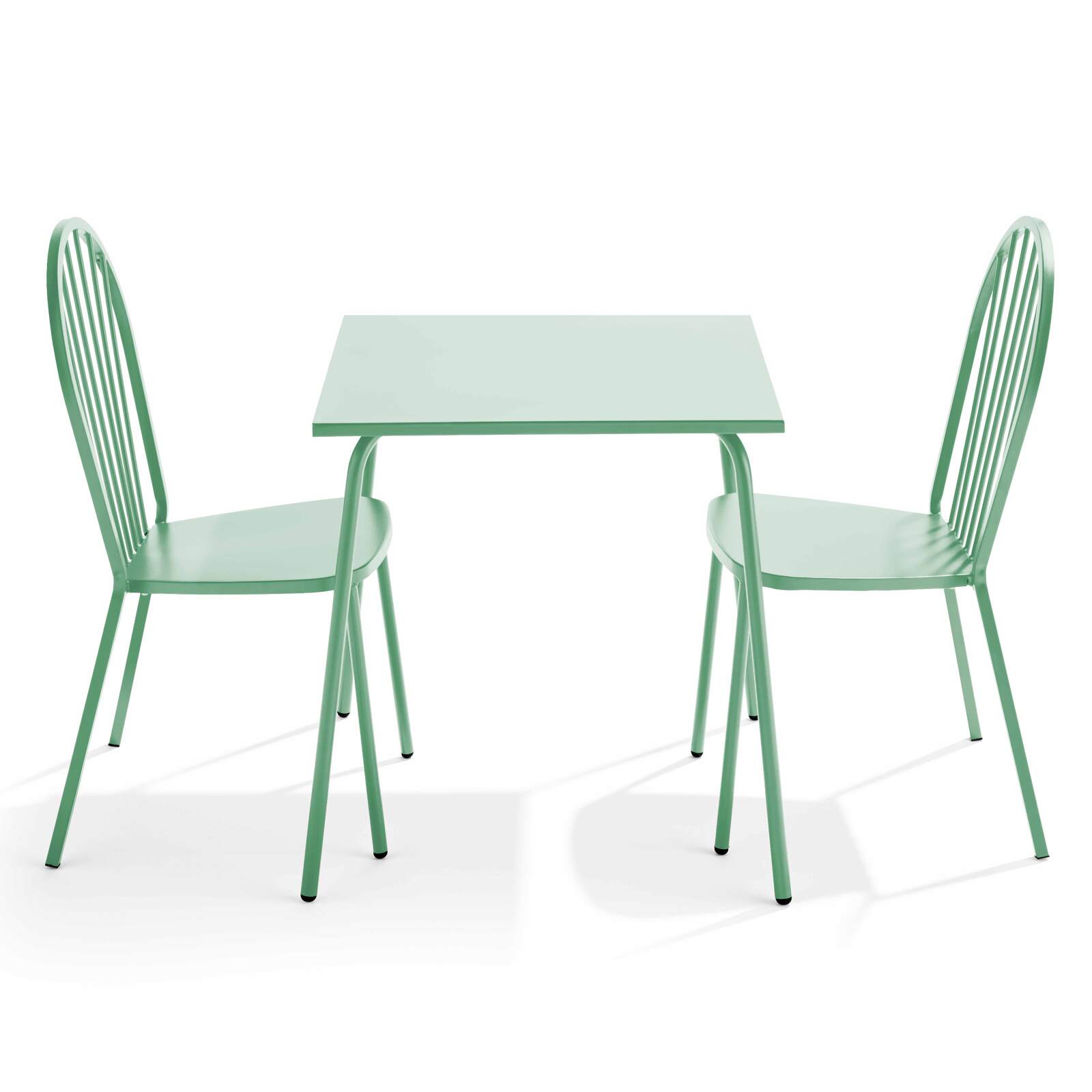 Ensemble table carrée 70 x 70 cm et 2 chaises en métal