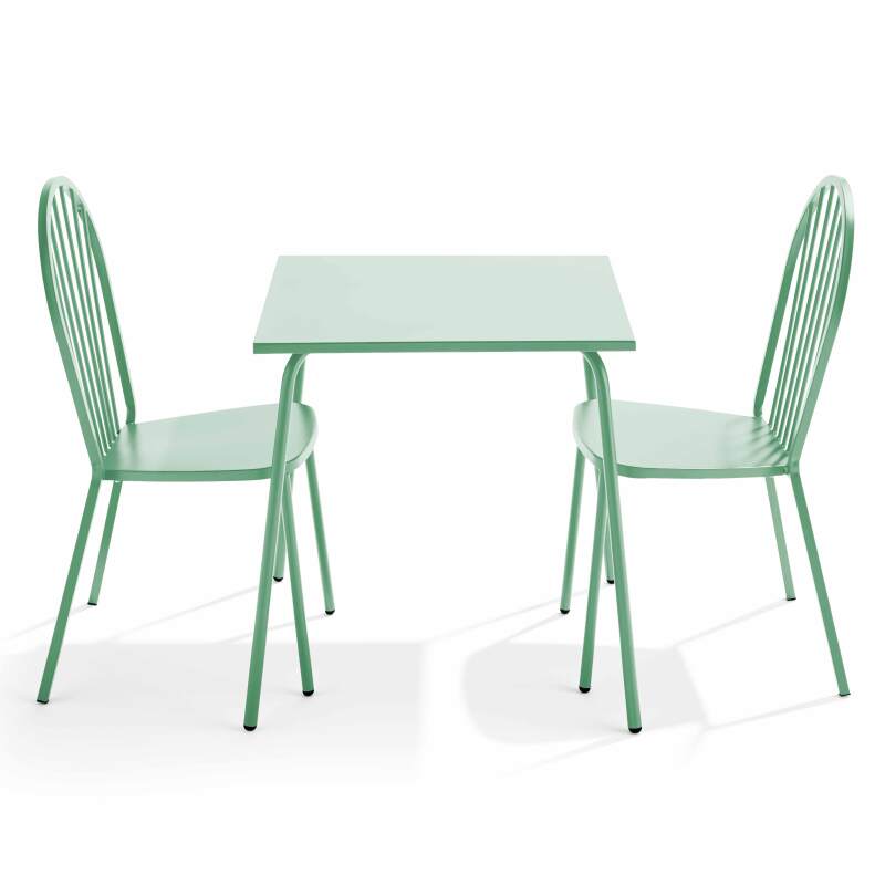 Ensemble table carrée 70 x 70 cm et 2 chaises en métal