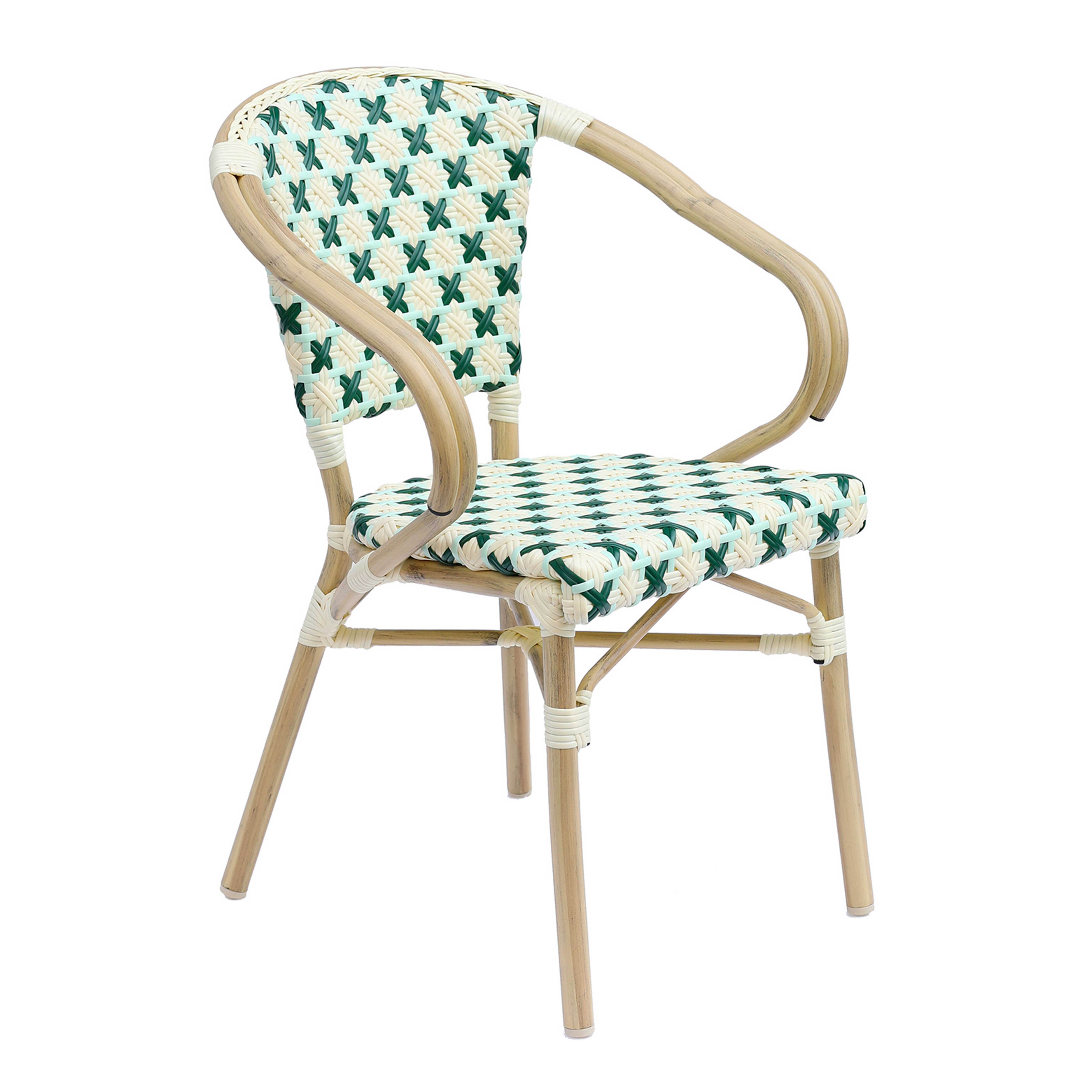 Chaise de jardin bistrot parisien en aluminium et rotin synthétique avec accoudoirs, motif en croix