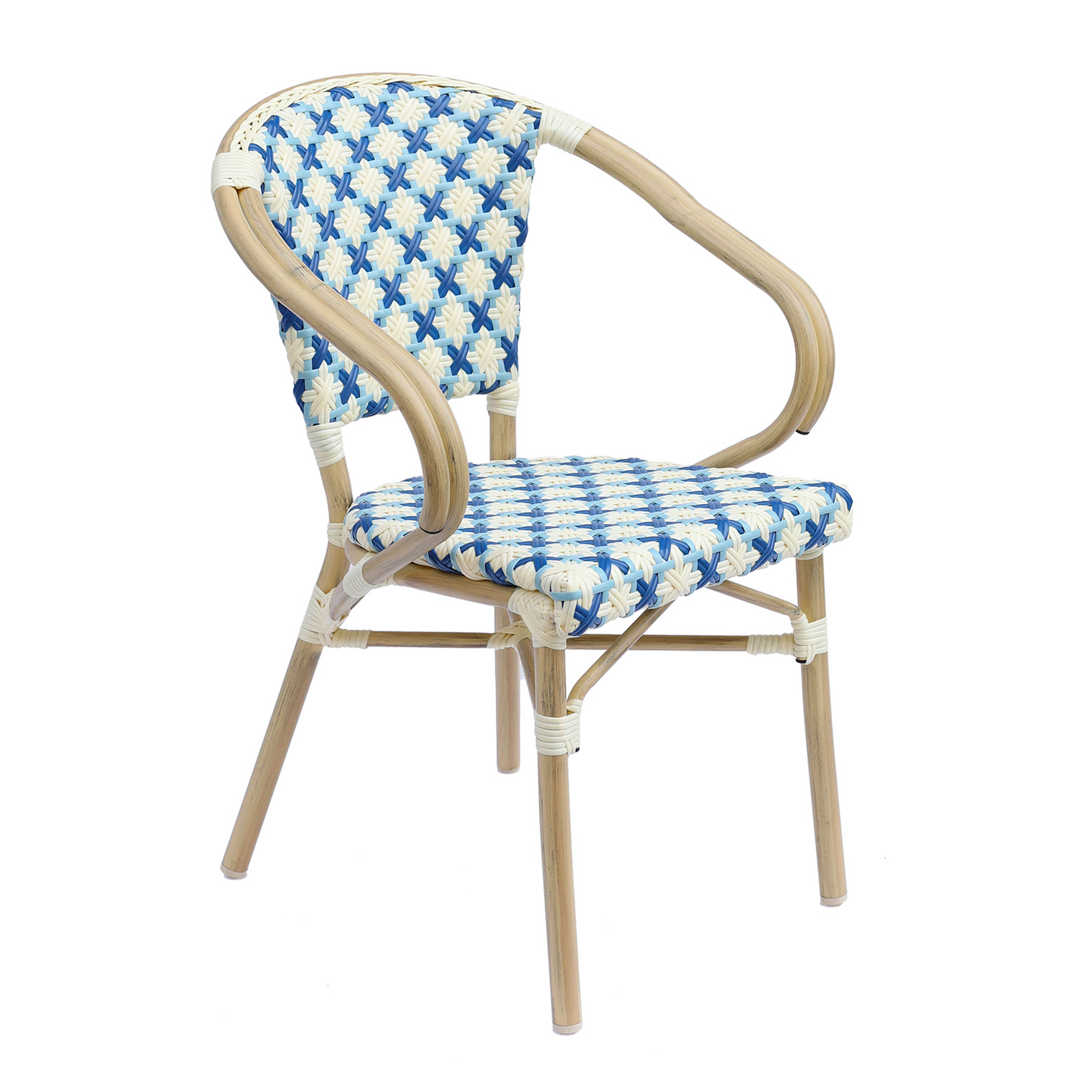 Chaise de jardin bistrot parisien en aluminium et rotin synthétique avec accoudoirs, motif en croix