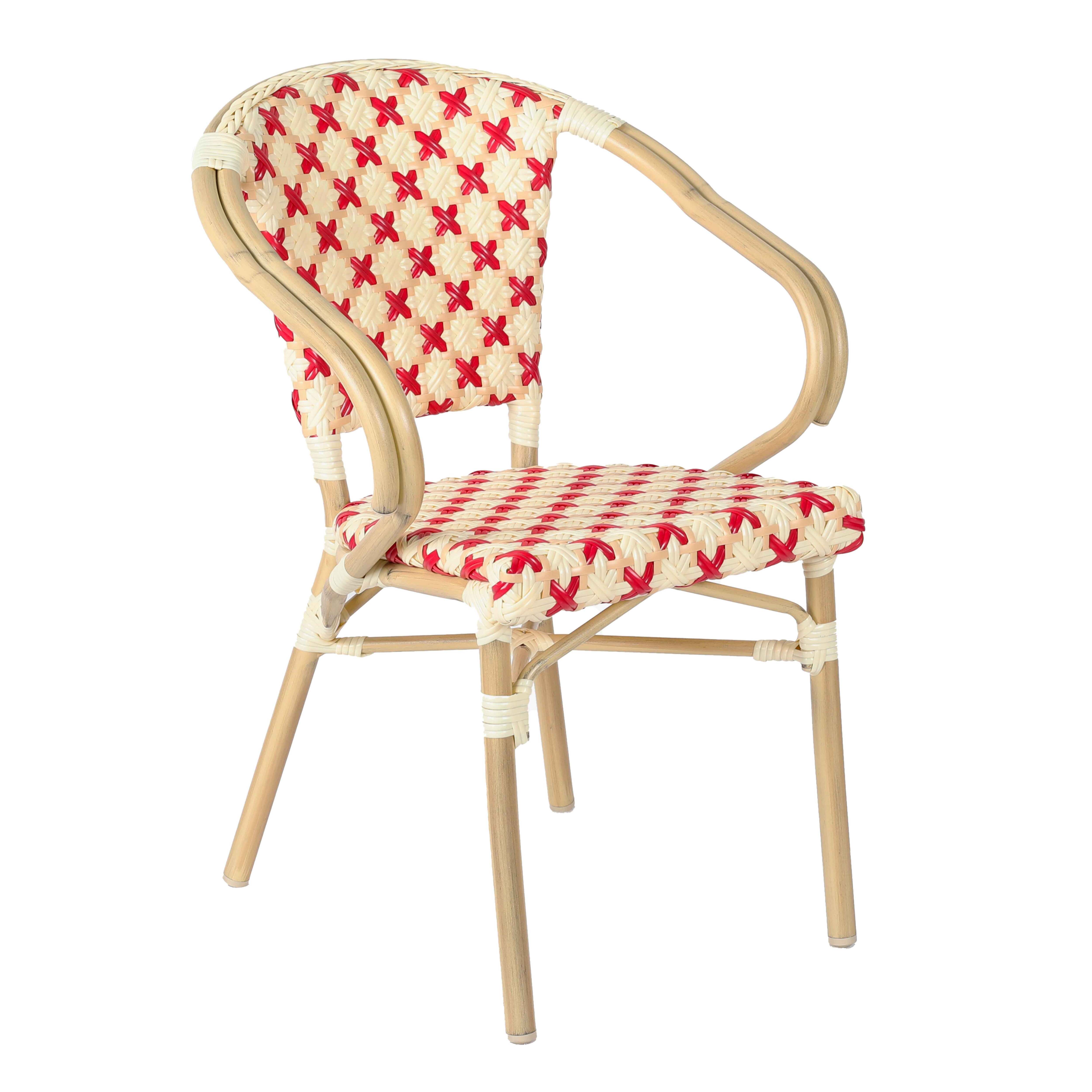 Chaise de jardin bistrot parisien en aluminium et rotin synthétique avec accoudoirs, motif en croix