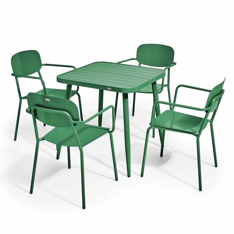 Table de terrasse carrée ( 75 x 75 x 76 cm) et 4 chaises avec accoudoirs en aluminium