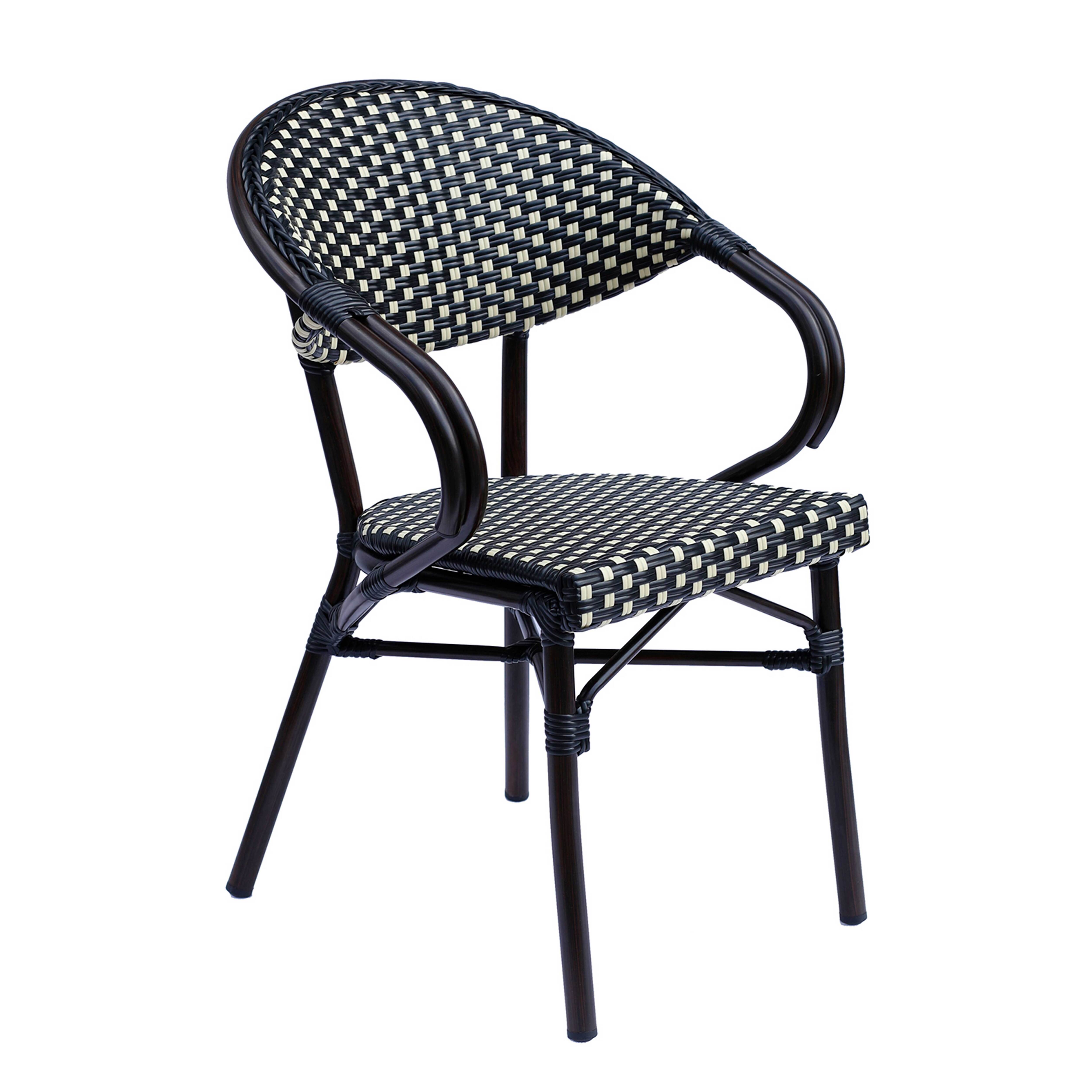Chaise de jardin bistrot parisien en aluminium et rotin synthétique, motif en petits carrés