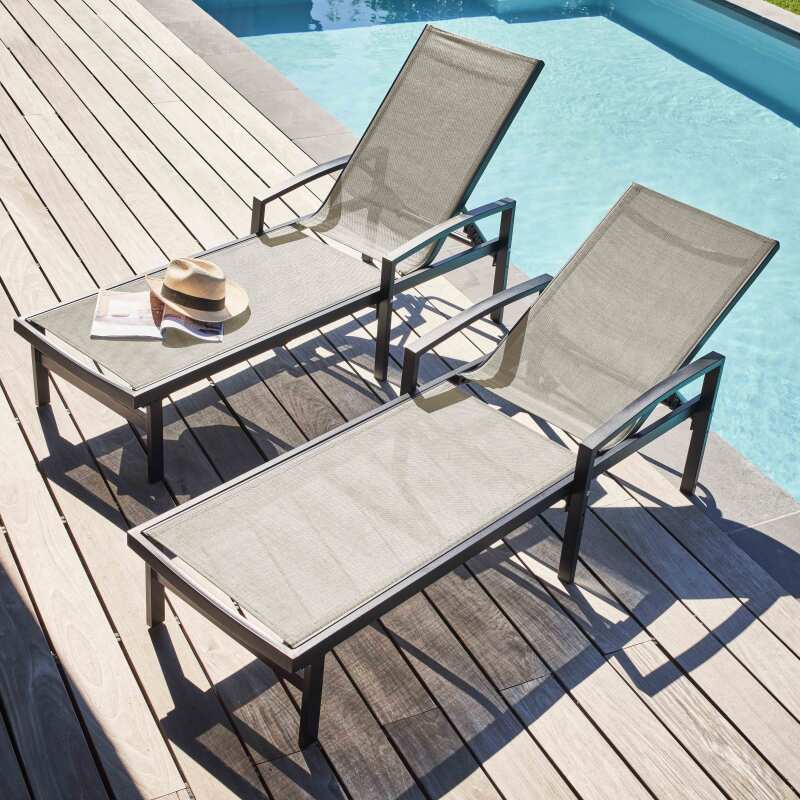 Lot de 2 bains de soleil avec accoudoirs en aluminium et textilène