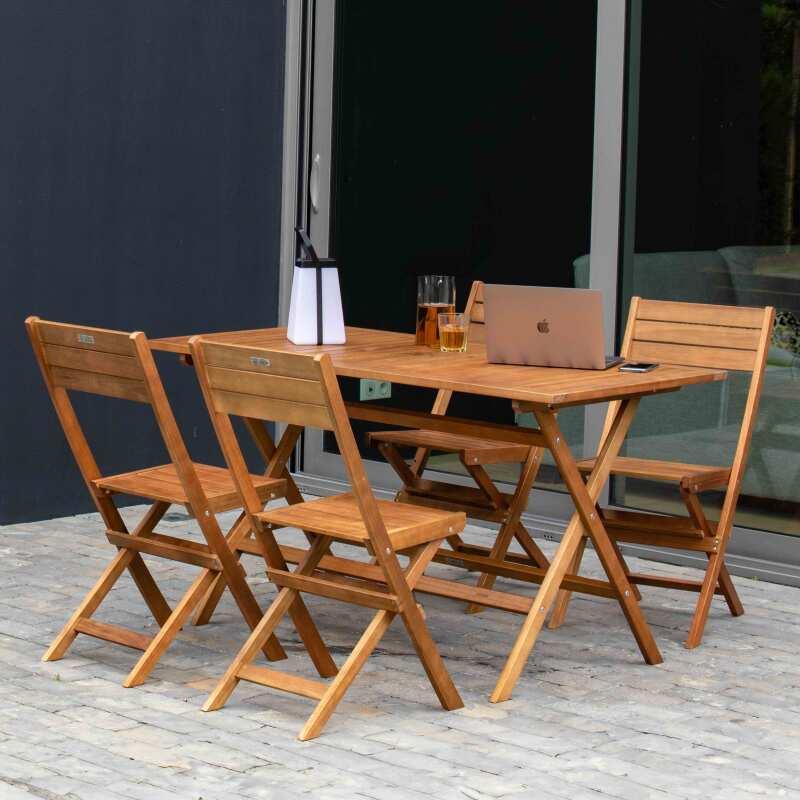 Table rectangulaire pliante (140x70x76) + 4 chaises pliantes en bois d'eucalyptus FSC®