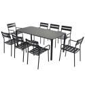 Table de terrasse rectangulaire 185 x 92 cm et 8 chaises en aluminium avec accoudoirs