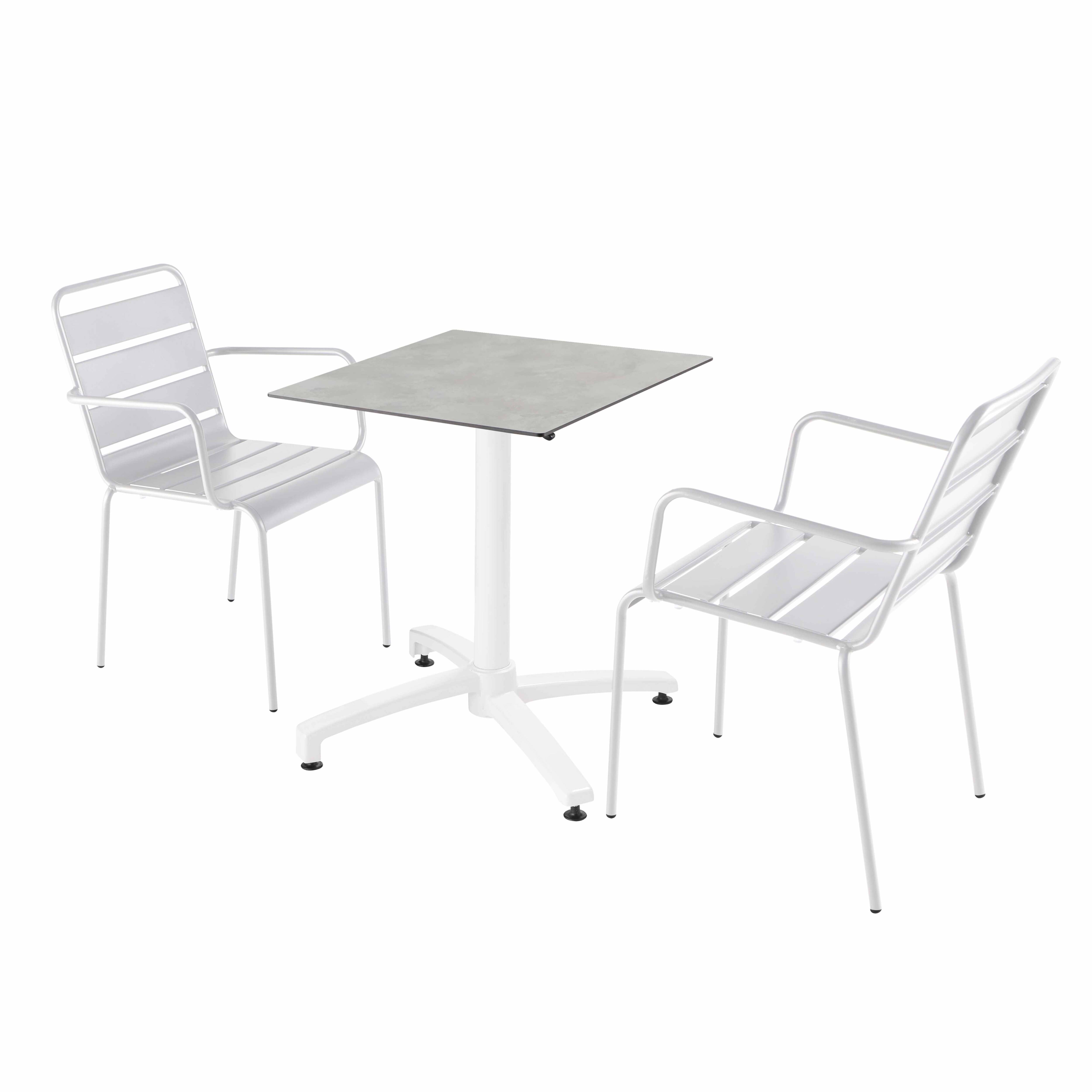 Table de terrasse carrée inclinable en aluminium blanc et HPL 60x60 cm et 2 chaises avec accoudoirs en métal