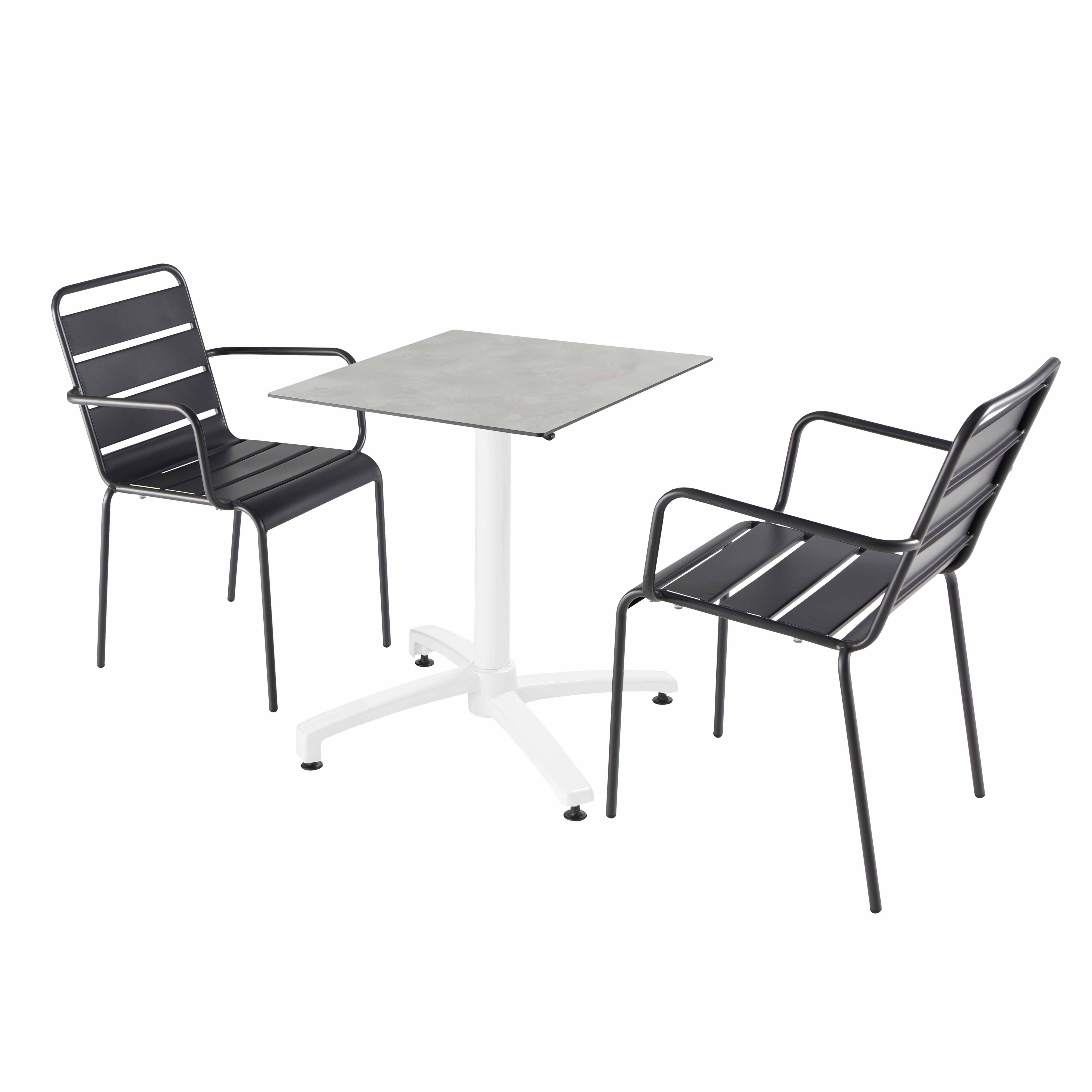 Table de terrasse carrée inclinable en aluminium blanc et HPL 60x60 cm et 2 chaises avec accoudoirs en métal