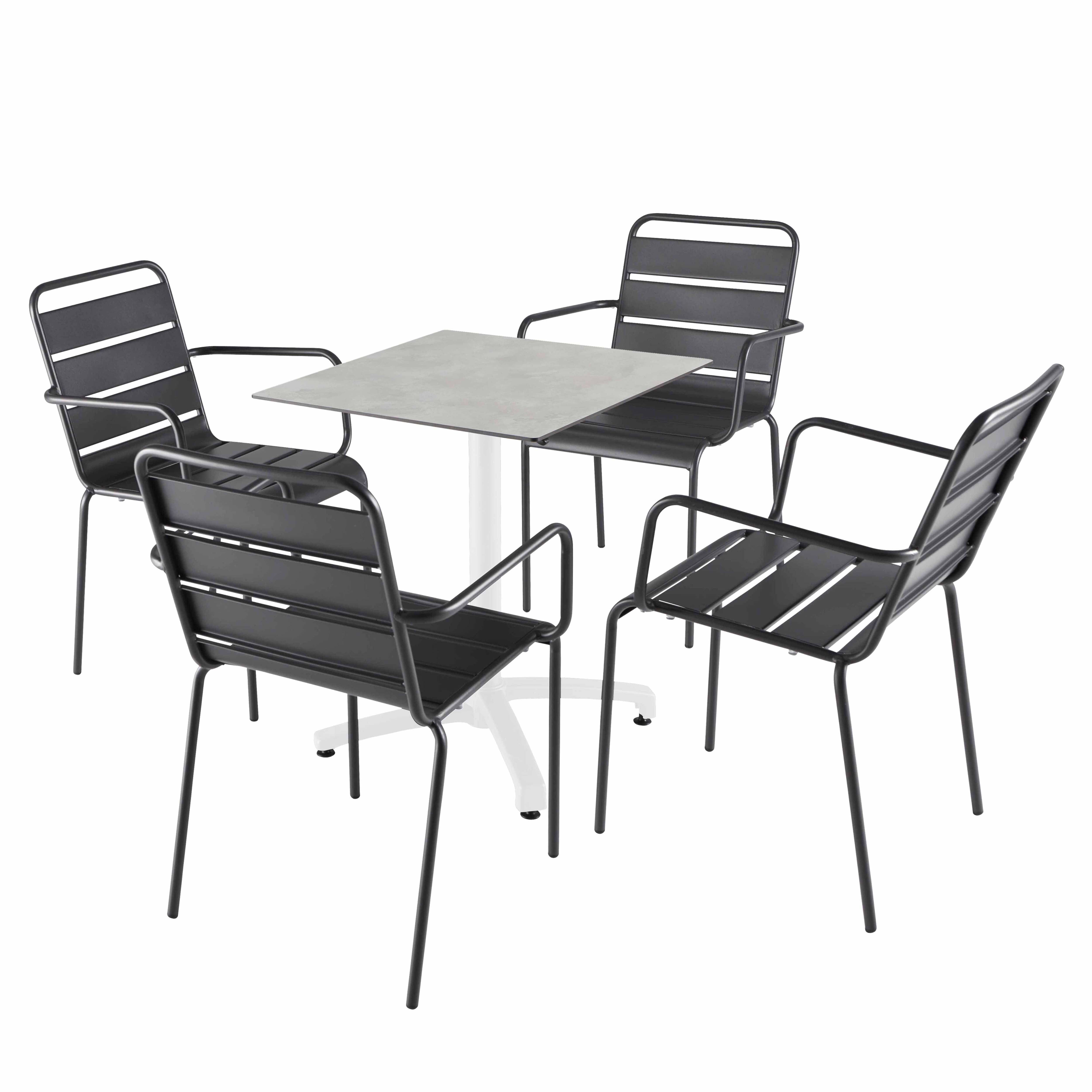 Table de terrasse carrée inclinable en aluminium blanc et HPL 60x60 cm et 2 chaises avec accoudoirs en métal
