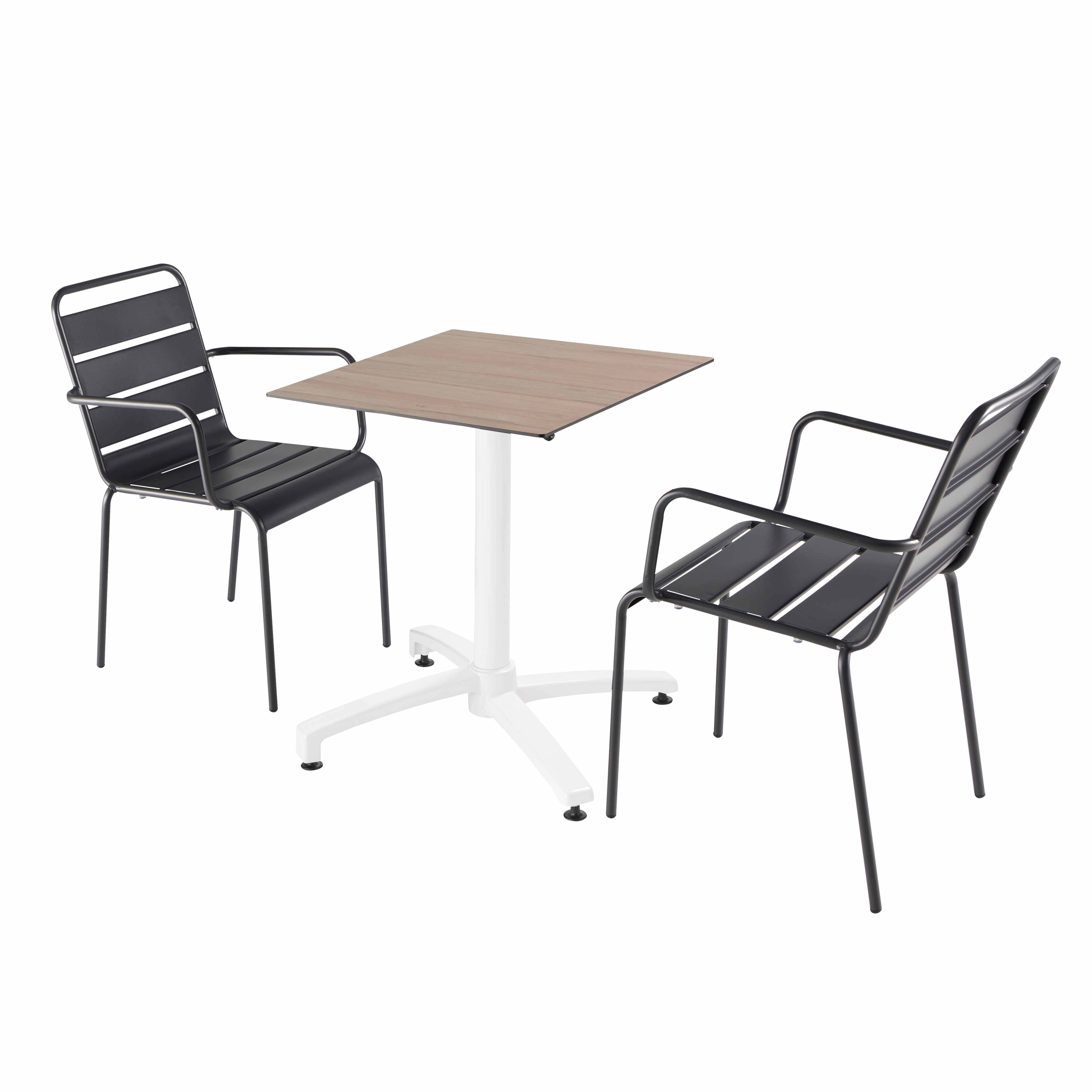 Table de terrasse carrée inclinable en aluminium blanc et HPL 60x60 cm et 2 chaises avec accoudoirs en métal