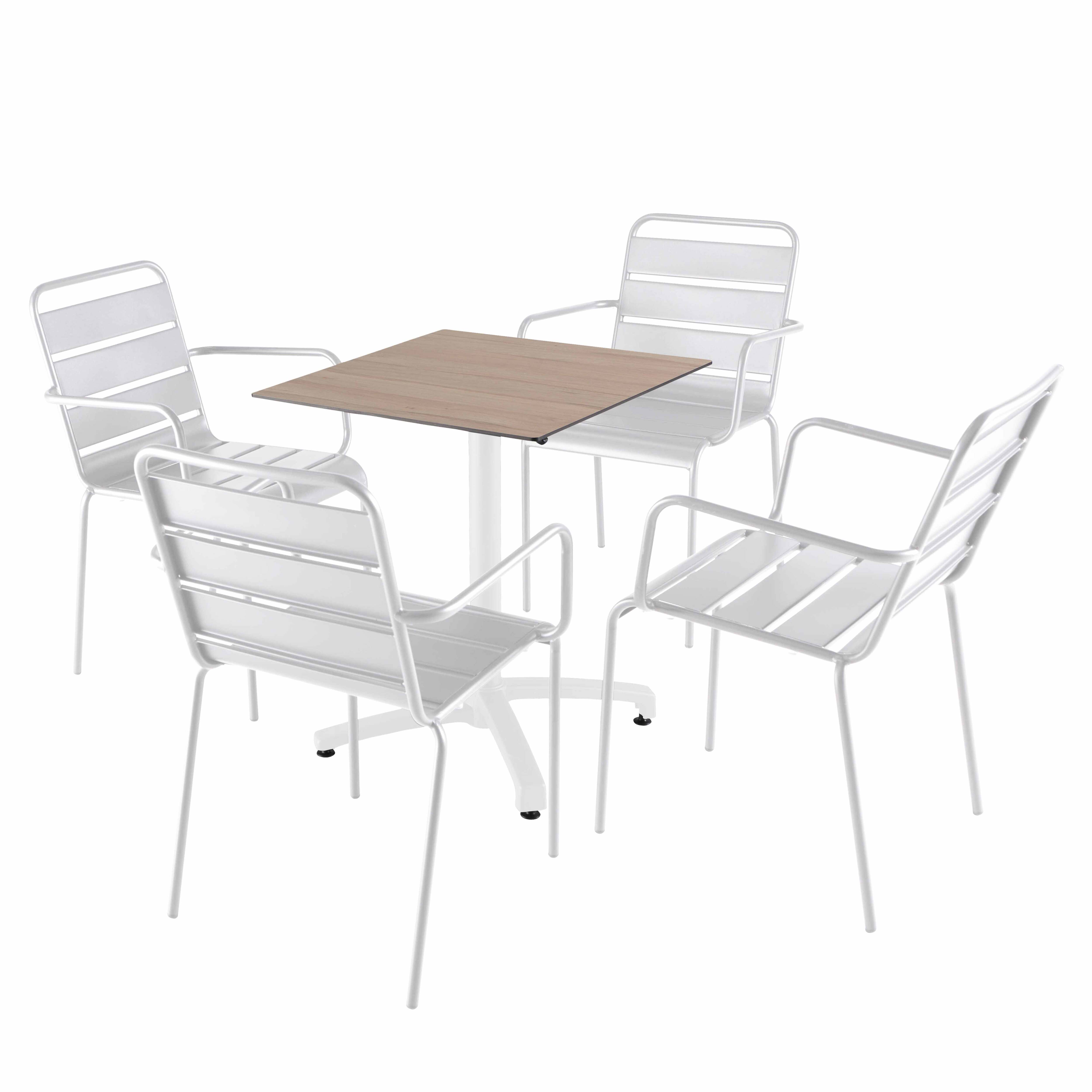 Table de terrasse carrée inclinable en aluminium blanc et HPL 60x60 cm et 2 chaises avec accoudoirs en métal