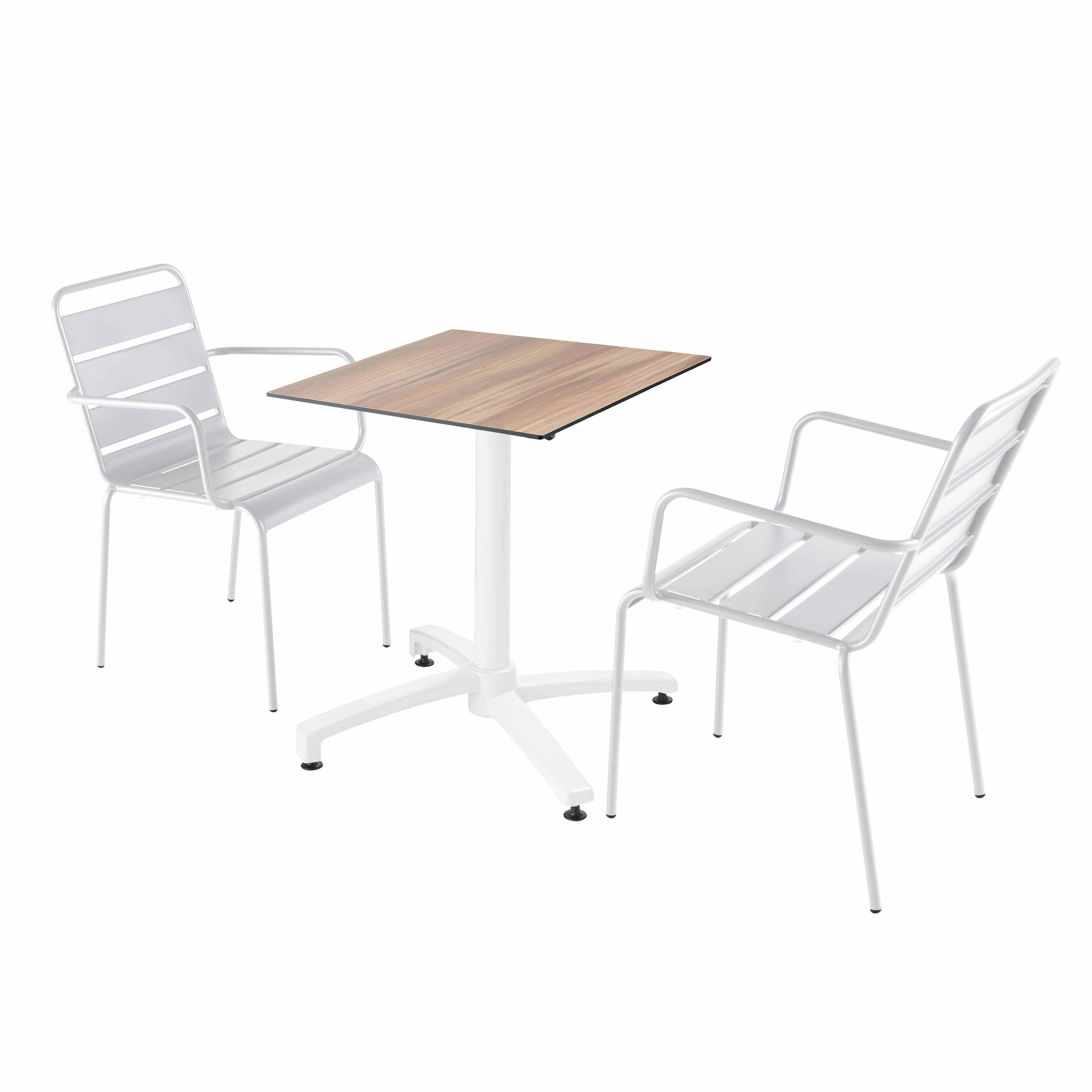 Table de terrasse carrée inclinable en aluminium blanc et HPL 60x60 cm et 2 chaises avec accoudoirs en métal