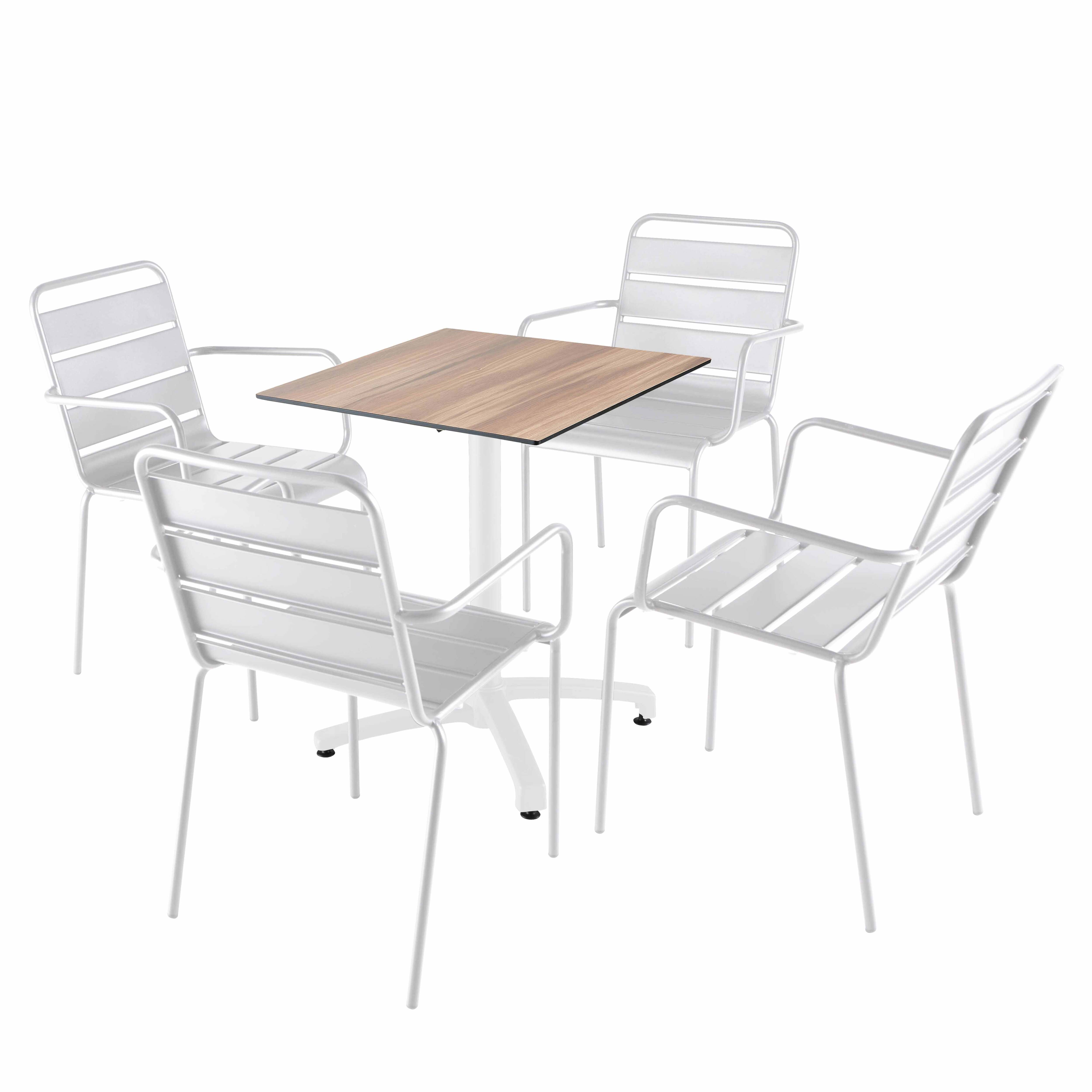 Table de terrasse carrée inclinable en aluminium blanc et HPL 60x60 cm et 2 chaises avec accoudoirs en métal