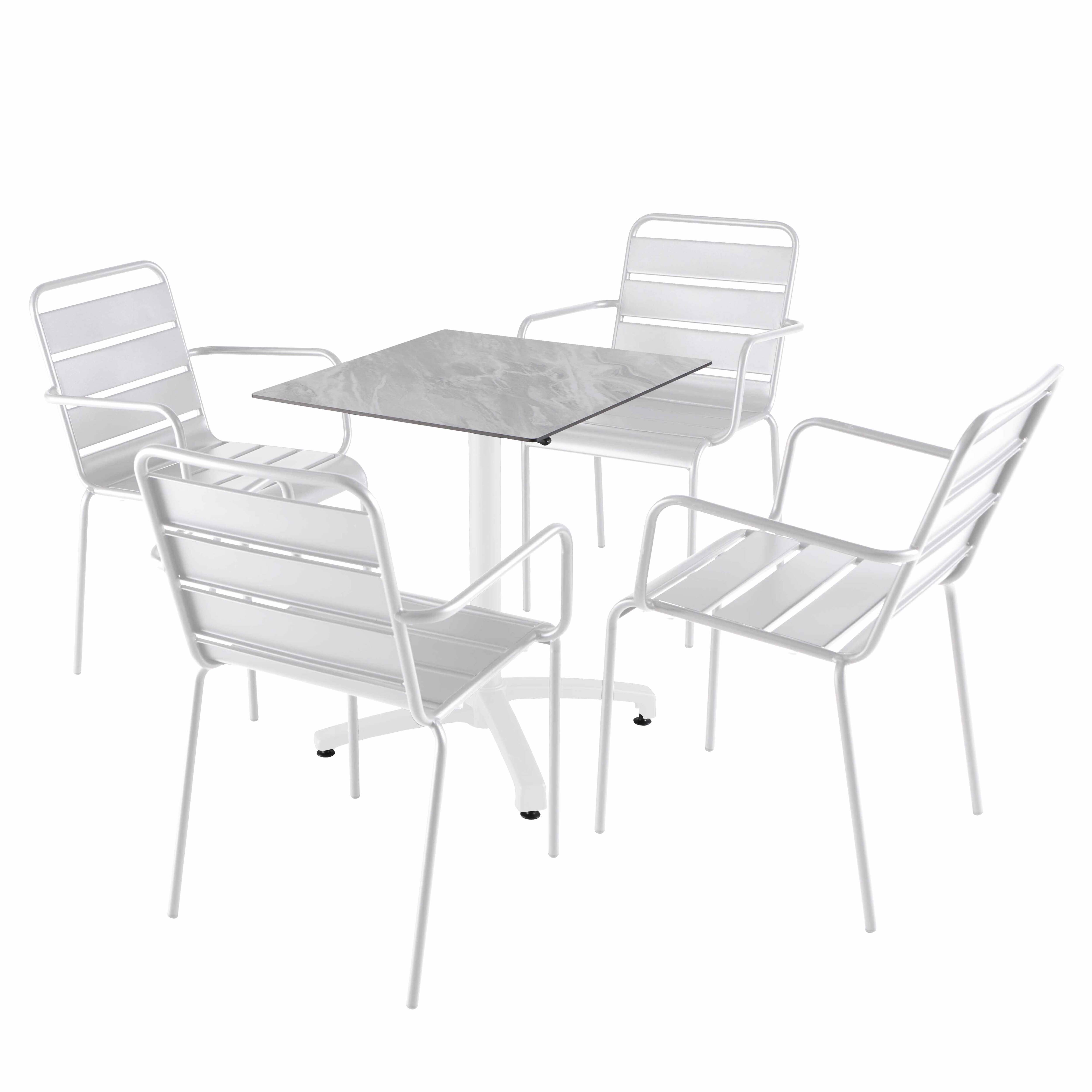 Table de terrasse carrée inclinable en aluminium blanc et HPL 60x60 cm et 2 chaises avec accoudoirs en métal