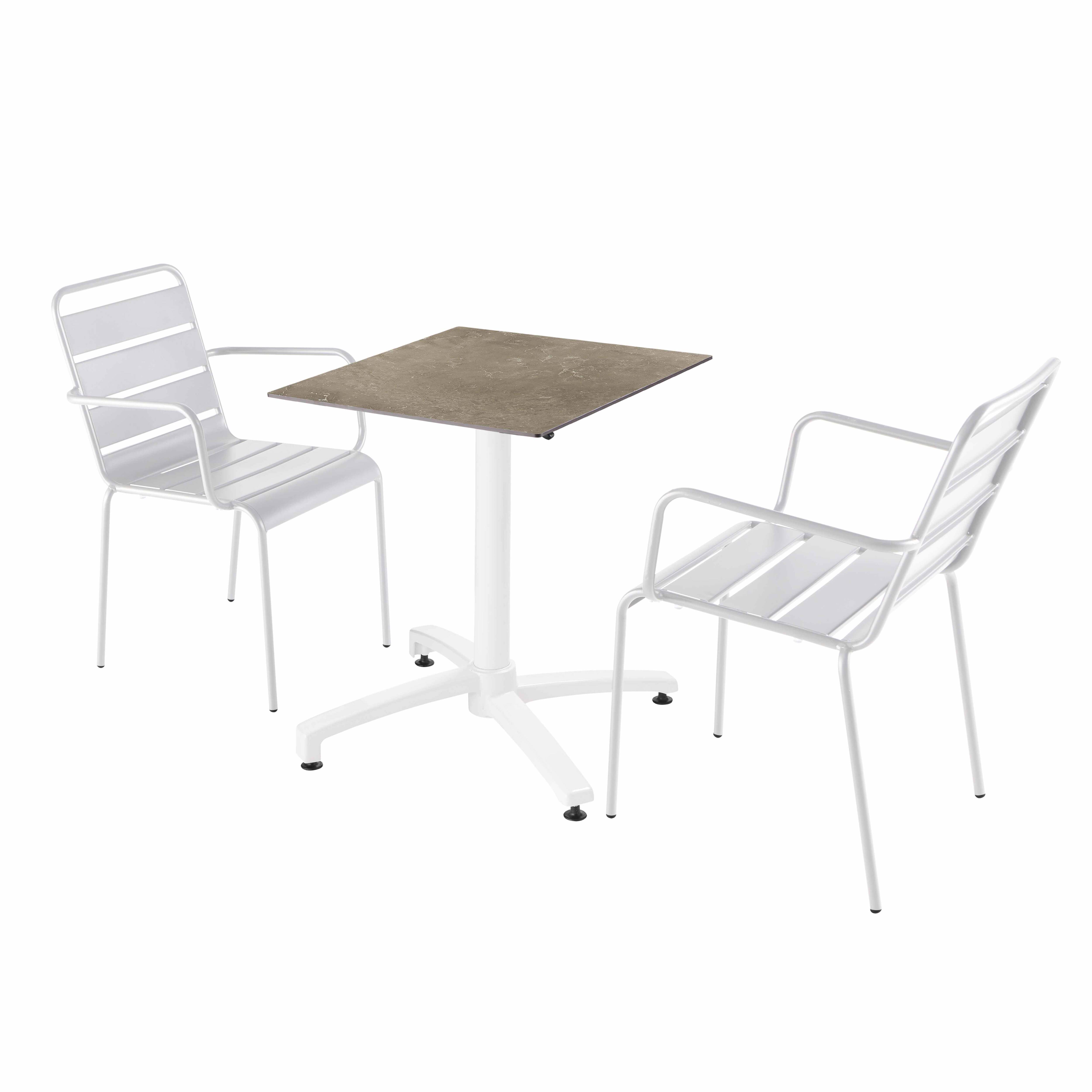 Table de terrasse carrée inclinable en aluminium blanc et HPL 60x60 cm et 2 chaises avec accoudoirs en métal