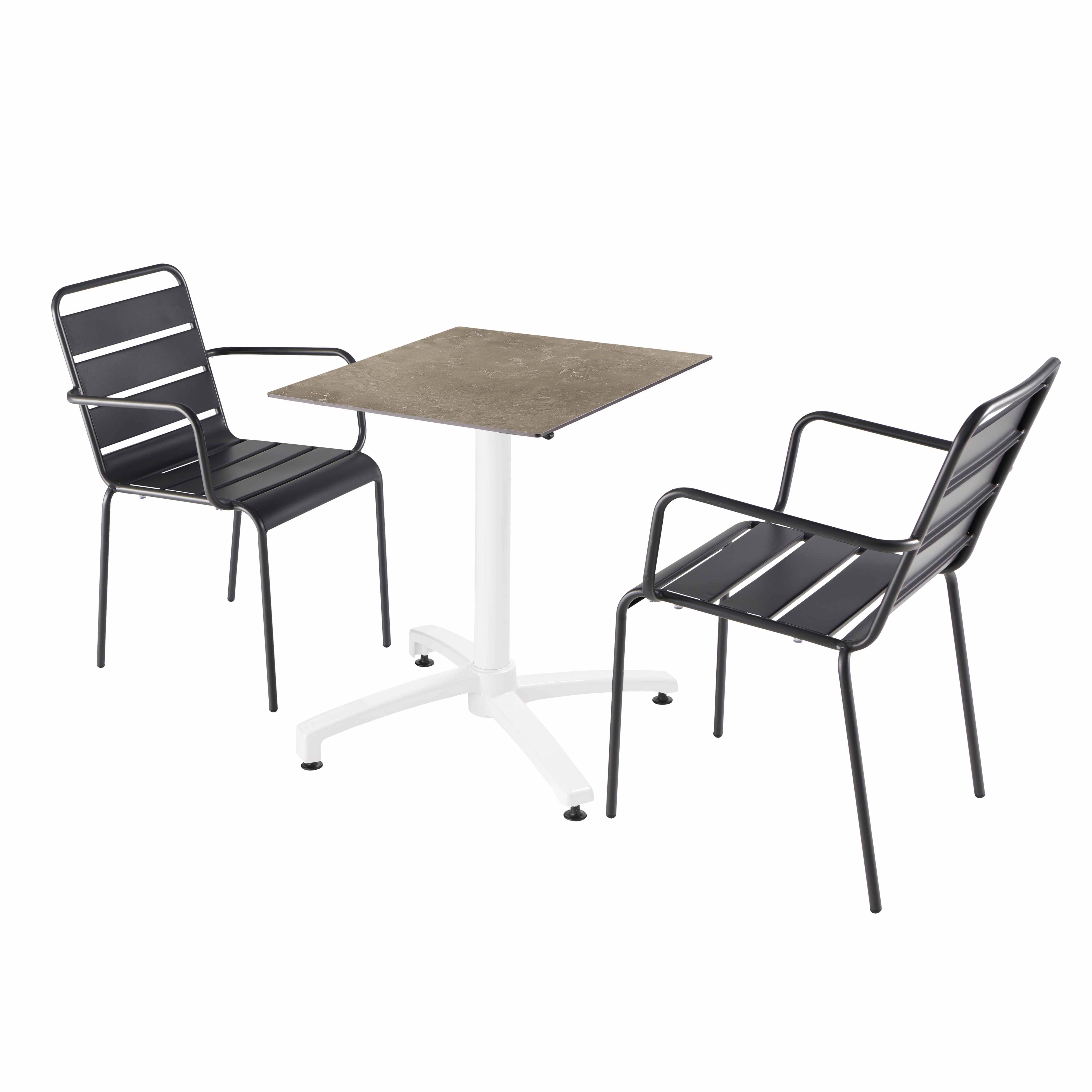 Table de terrasse carrée inclinable en aluminium blanc et HPL 60x60 cm et 2 chaises avec accoudoirs en métal