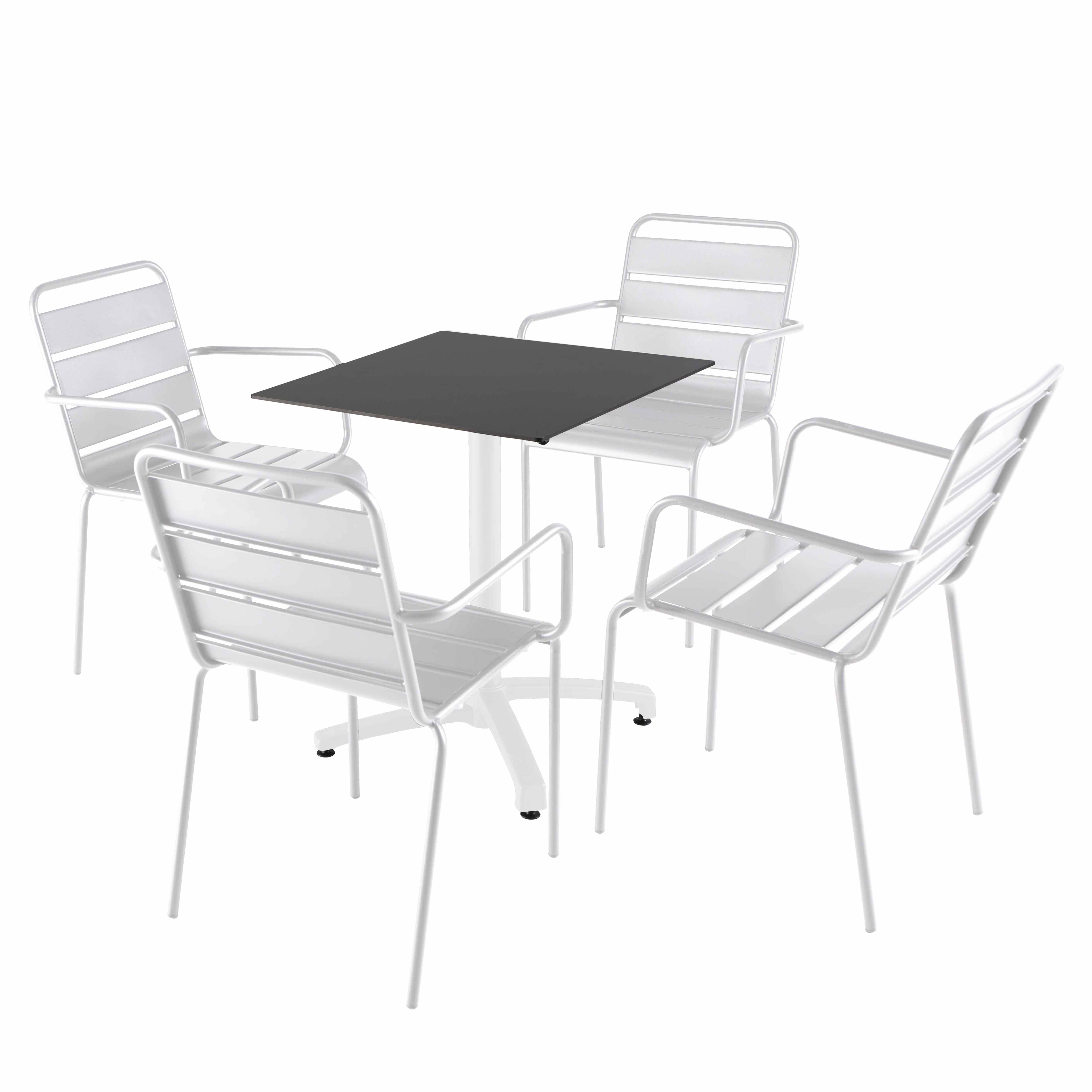 Table de terrasse carrée inclinable en aluminium blanc et HPL 60x60 cm et 2 chaises avec accoudoirs en métal