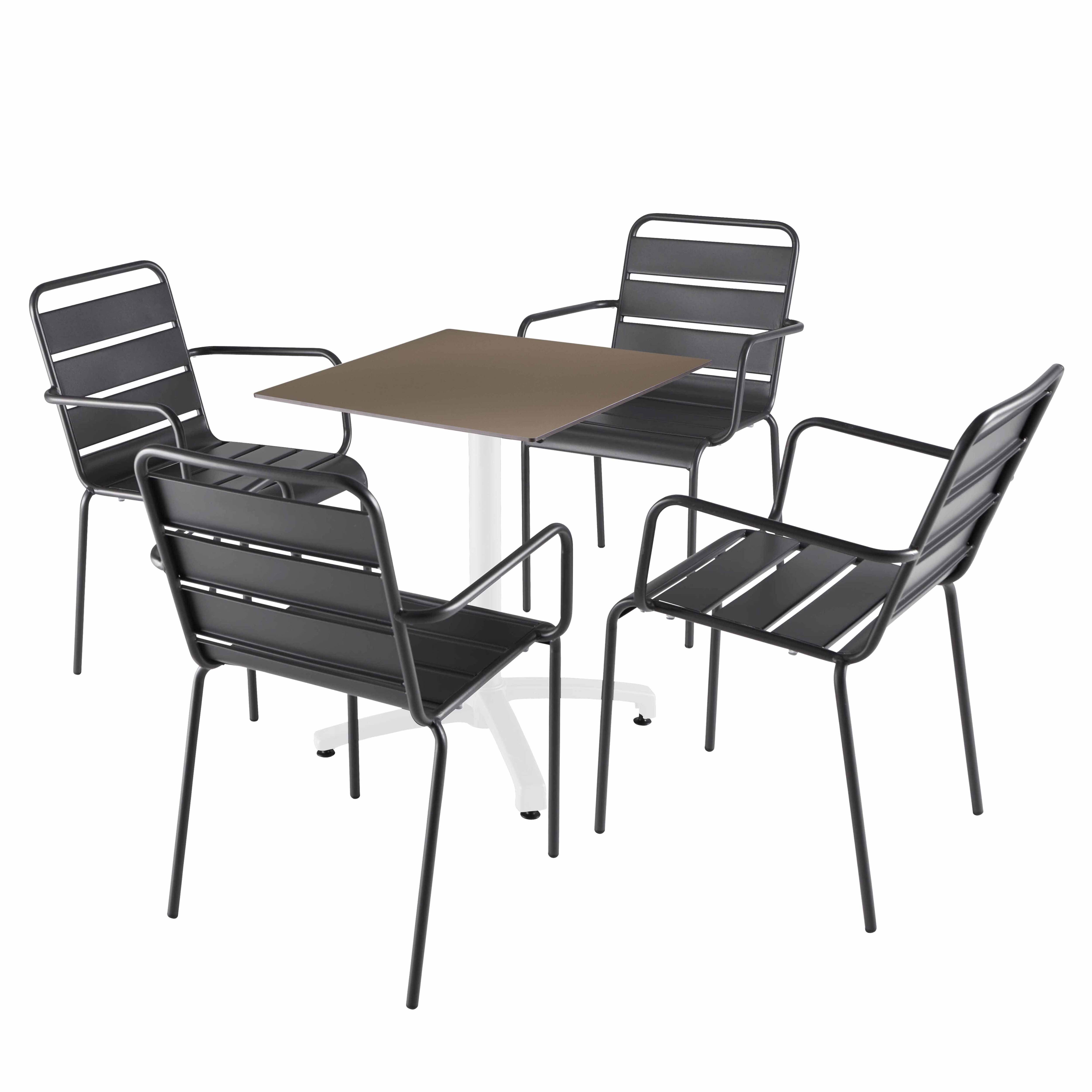 Table de terrasse carrée inclinable en aluminium blanc et HPL 60x60 cm et 2 chaises avec accoudoirs en métal