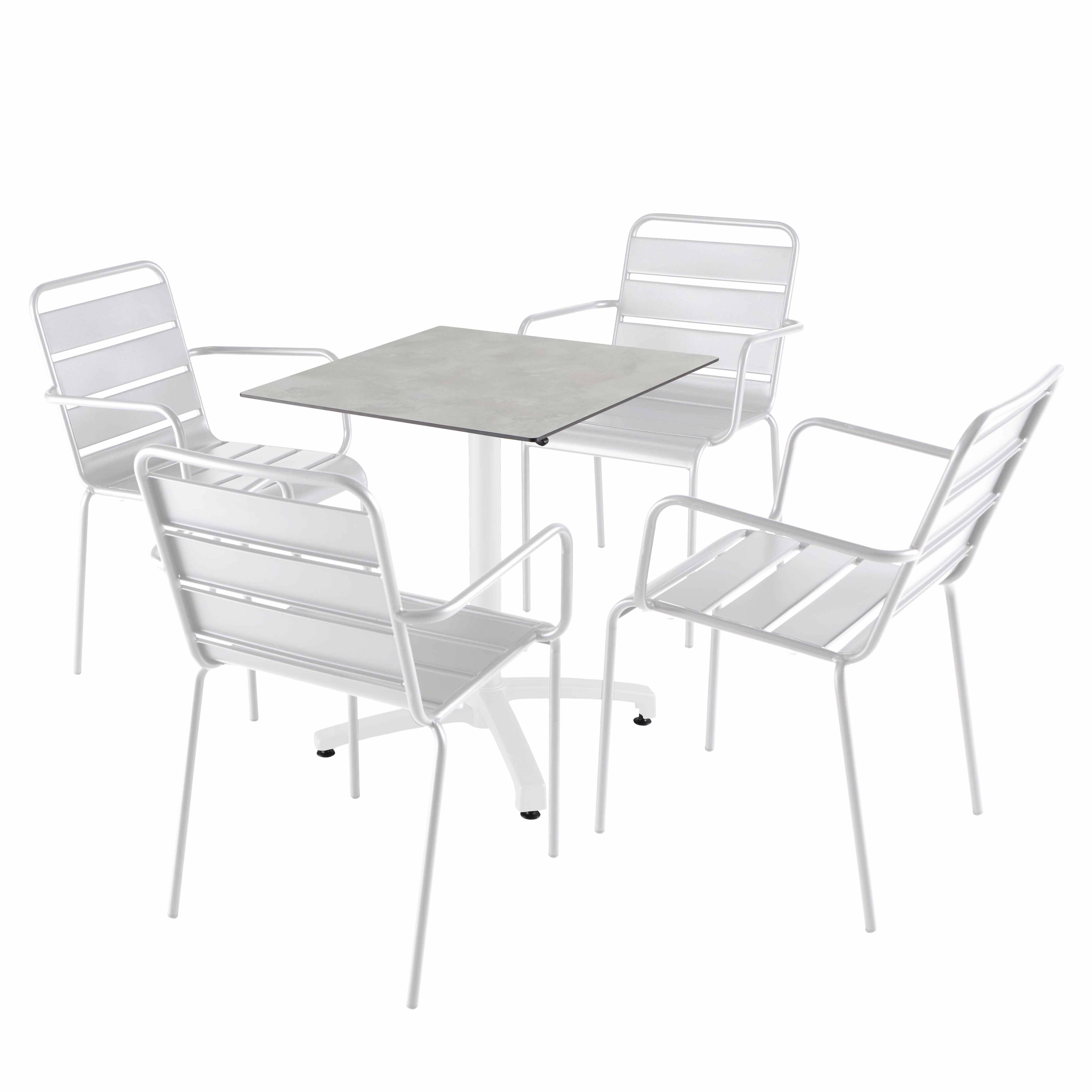 Table de terrasse carrée inclinable en aluminium blanc et HPL 70x70 cm et 2 chaises en métal