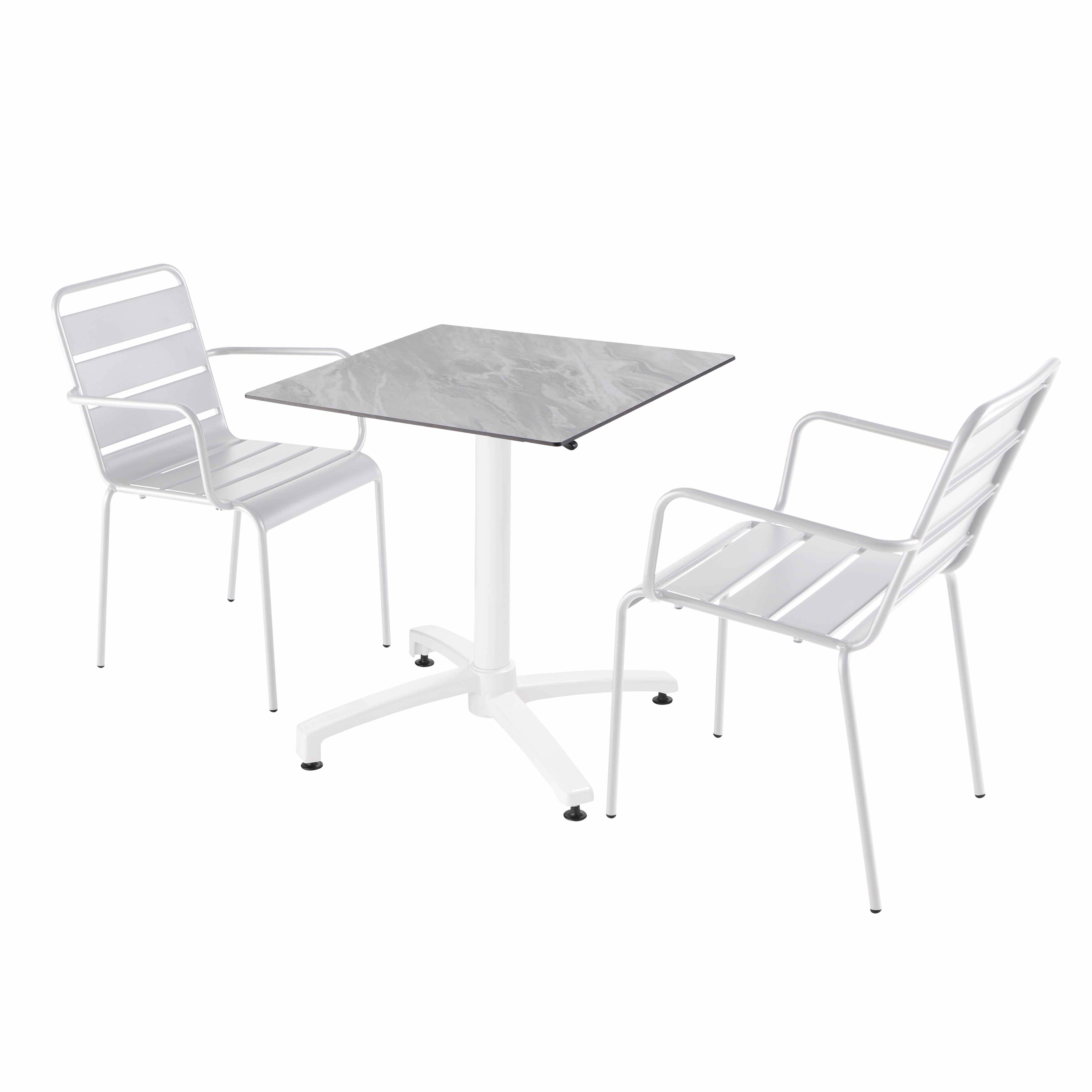 Table de terrasse carrée inclinable en aluminium blanc et HPL 70x70 cm et 2 chaises en métal