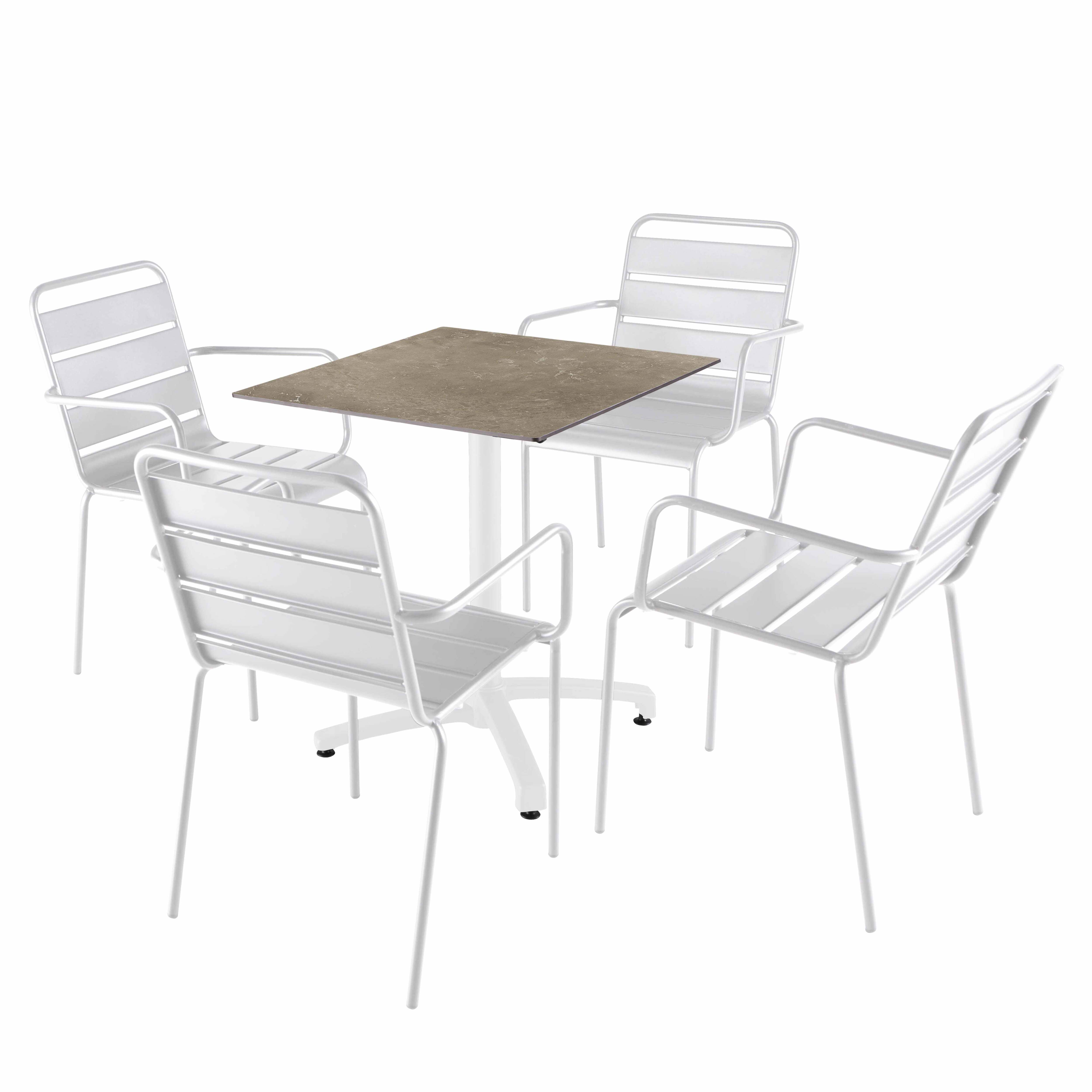 Table de terrasse carrée inclinable en aluminium blanc et HPL 70x70 cm et 2 chaises en métal