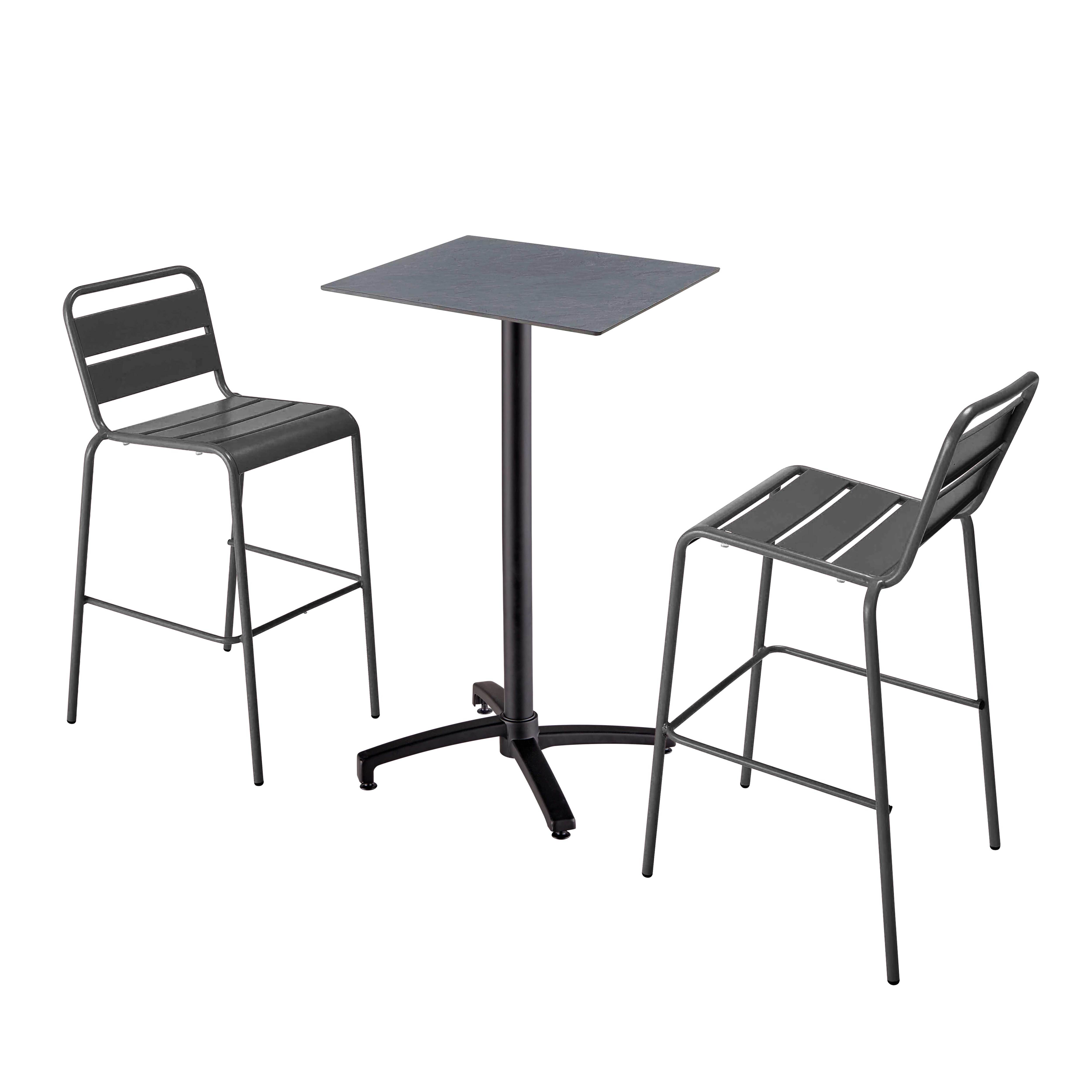 Table haute de terrasse carrée inclinable en aluminium noir et HPL 60x60 cm et 2 chaises hautes en métal