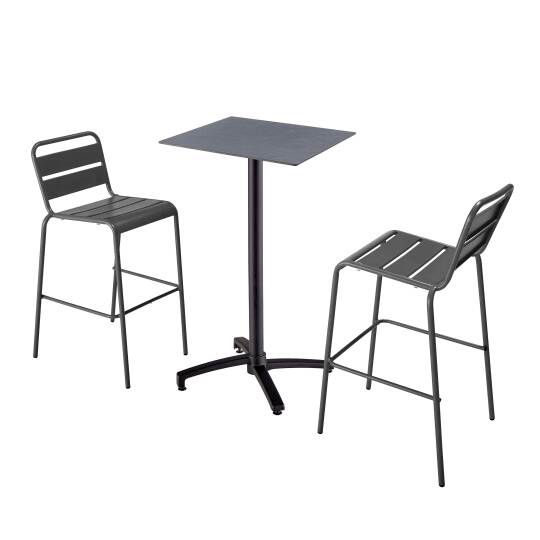 Table haute de terrasse carrée inclinable en aluminium noir et HPL 60x60 cm et 2 chaises hautes en métal | Mobeventpro