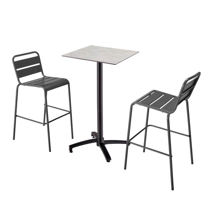 Ensemble table haute carrée inclinable ardoise gris foncé 60 x 60 cm en HPL et 2 chaises hautes en métal