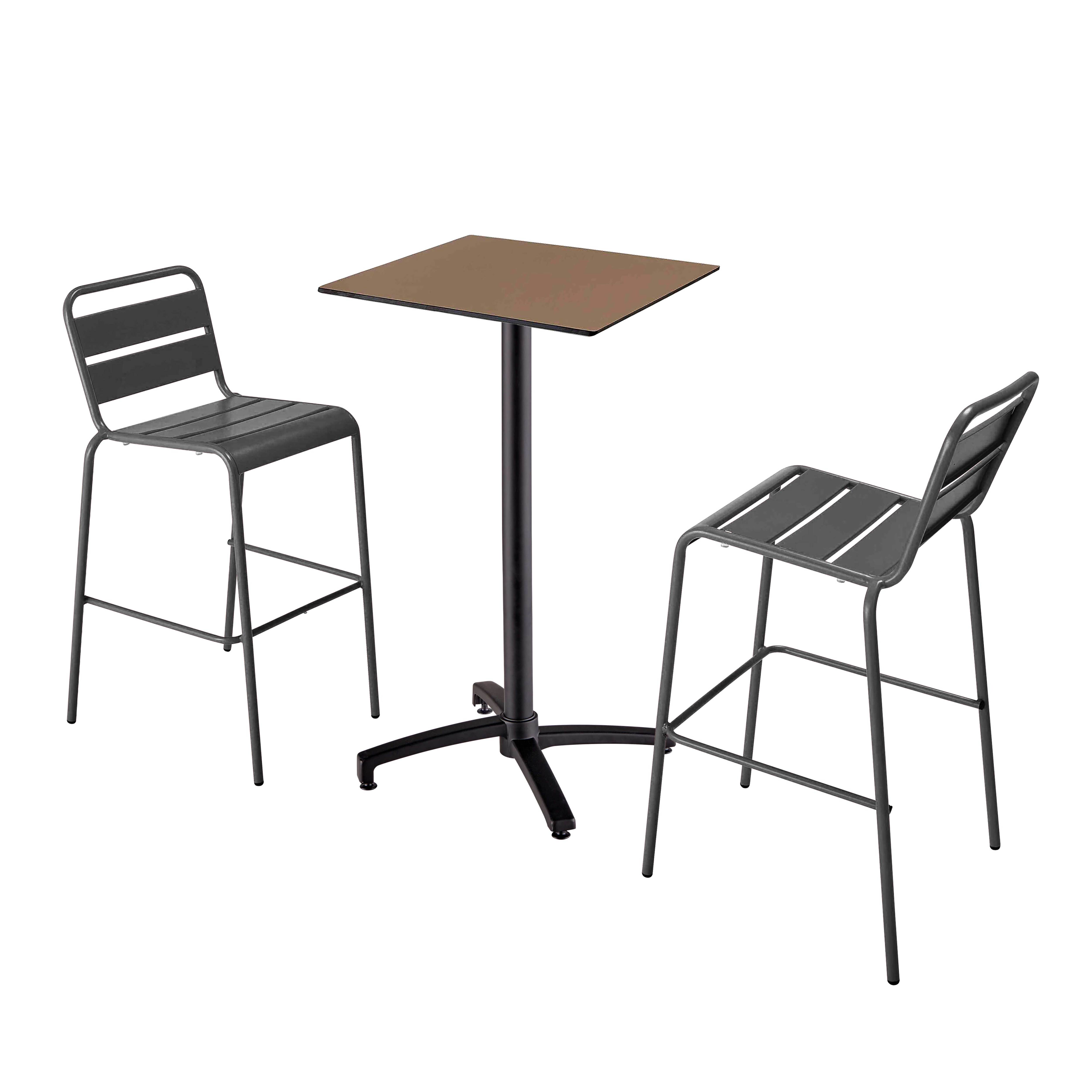 Table haute de terrasse carrée inclinable en aluminium noir et HPL 60x60 cm et 2 chaises hautes en métal