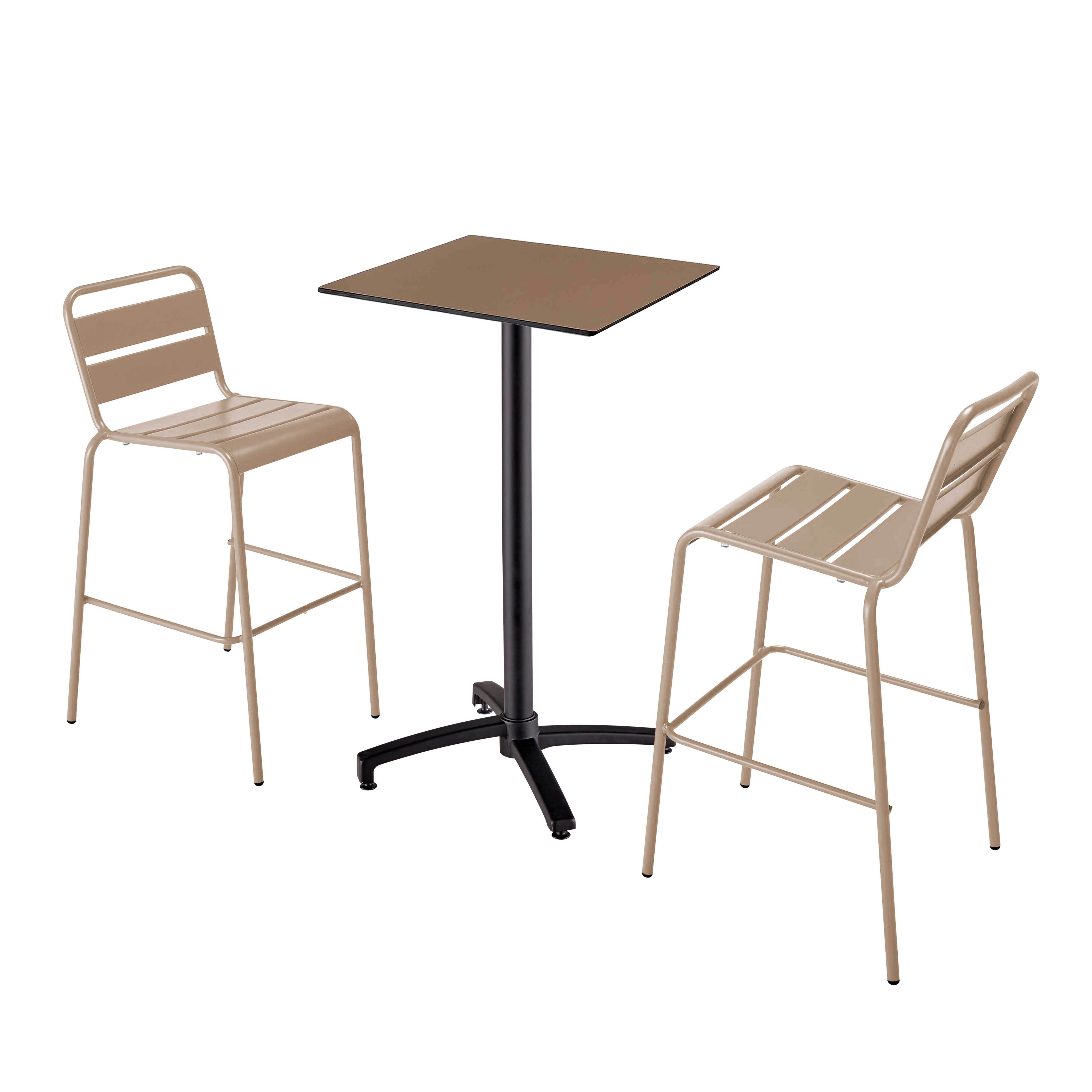 Table haute de terrasse carrée inclinable en aluminium noir et HPL 60x60 cm et 2 chaises hautes en métal