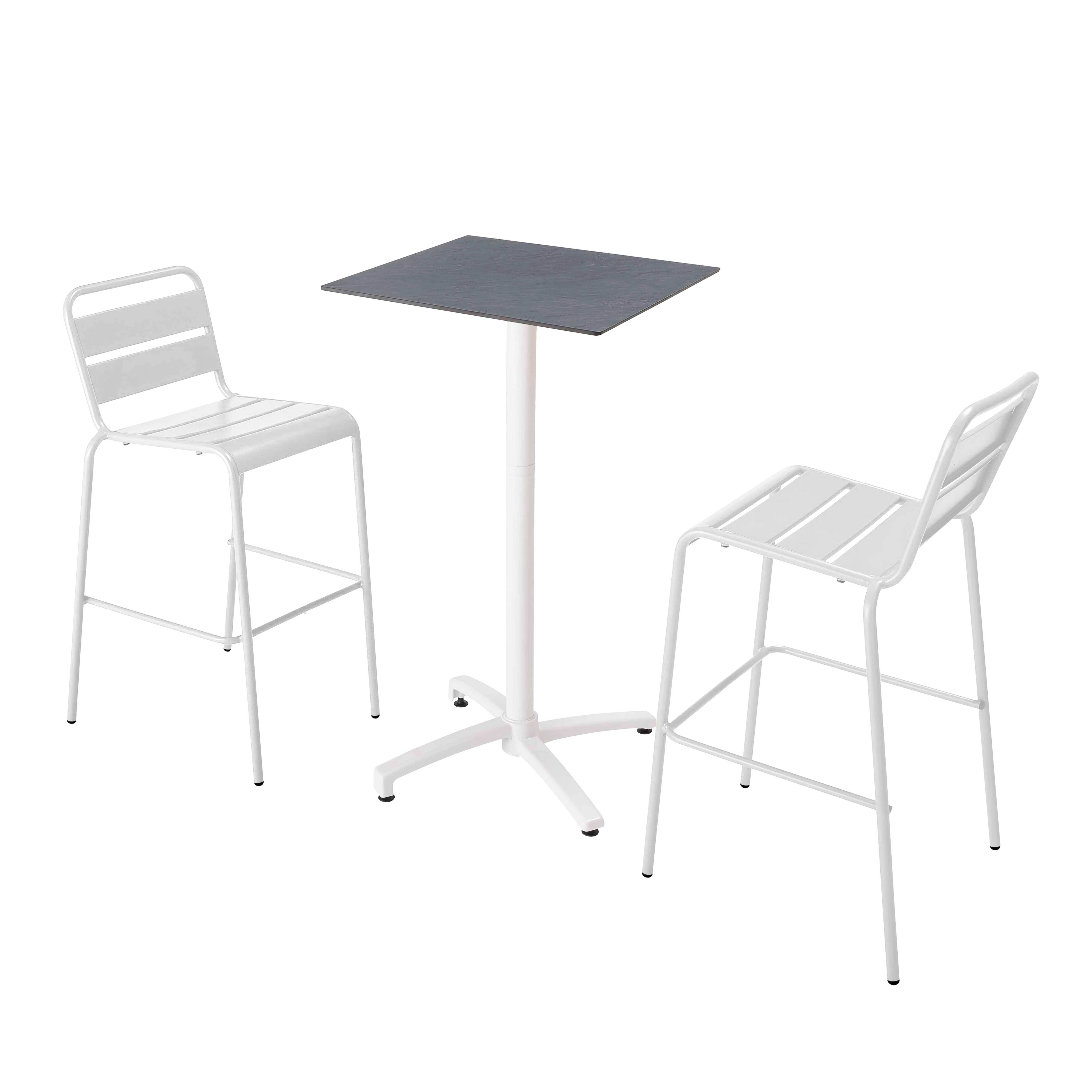 Table haute de terrasse carrée inclinable en aluminium blanc et HPL 60x60 cm et 2 chaises hautes en métal