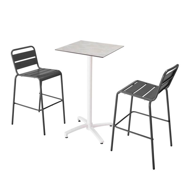 Table haute 60x60 cm inclinable stratifiée avec pied blanc et chaises en métal