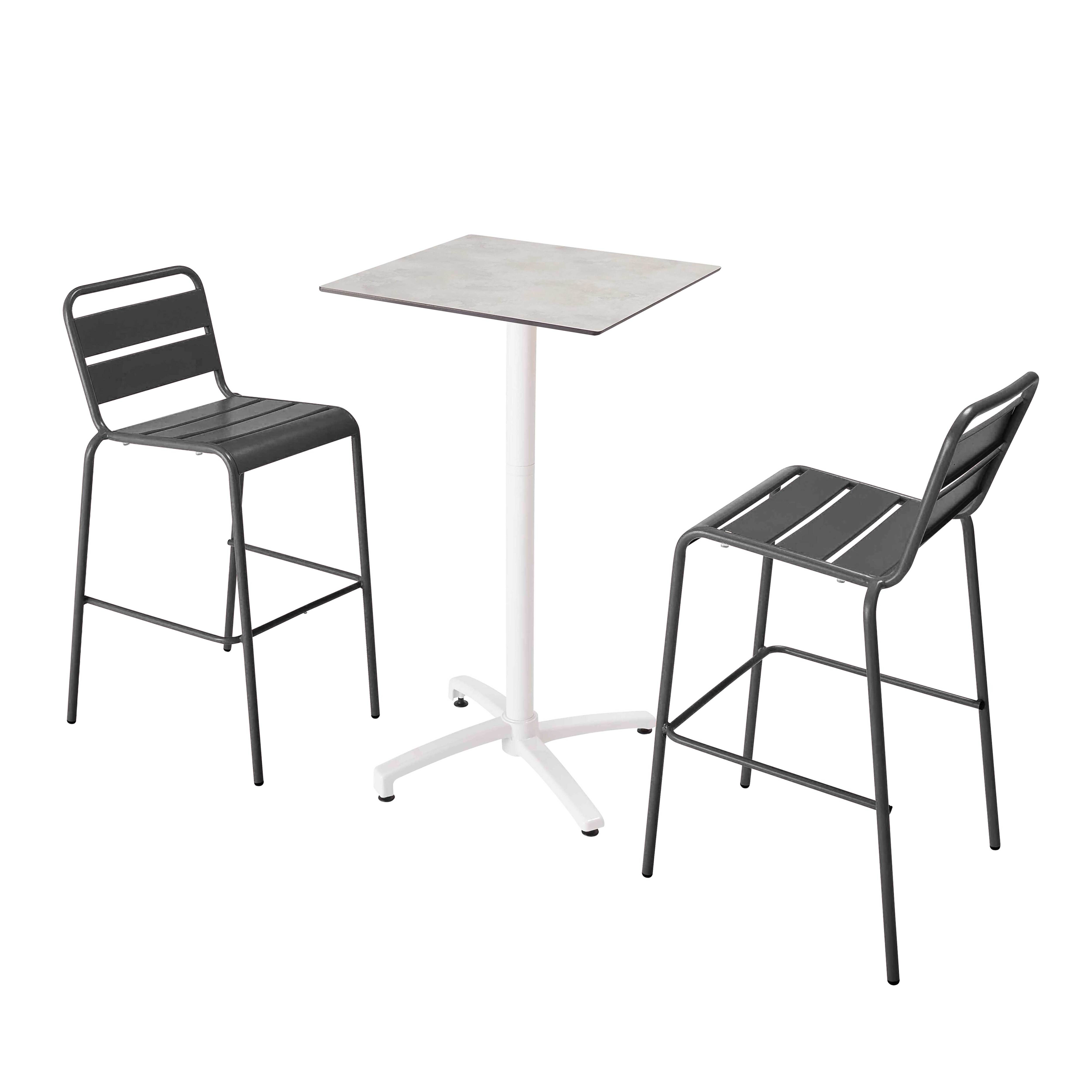 Table haute de terrasse carrée inclinable en aluminium blanc et HPL 60x60 cm et 2 chaises hautes en métal