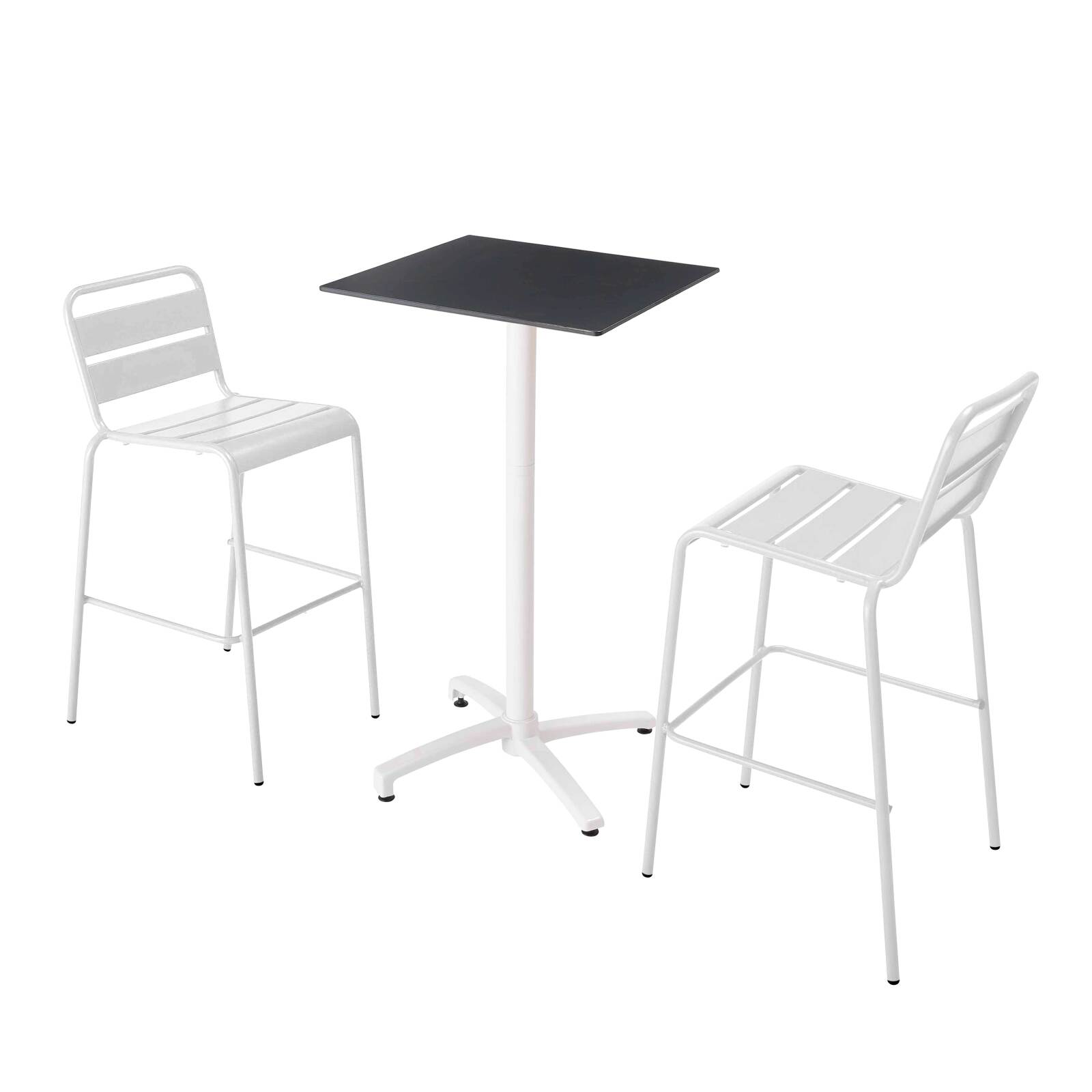 Table haute 60x60 cm inclinable stratifiée avec pied blanc et chaises en métal