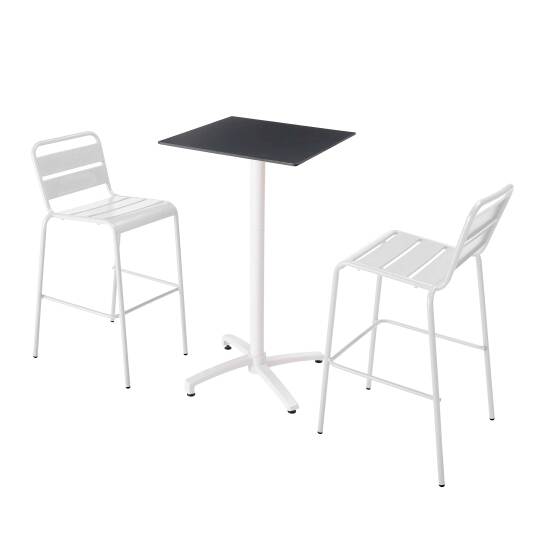 Table haute de terrasse carrée inclinable en aluminium blanc et HPL 60x60 cm et 2 chaises hautes en métal | Mobeventpro
