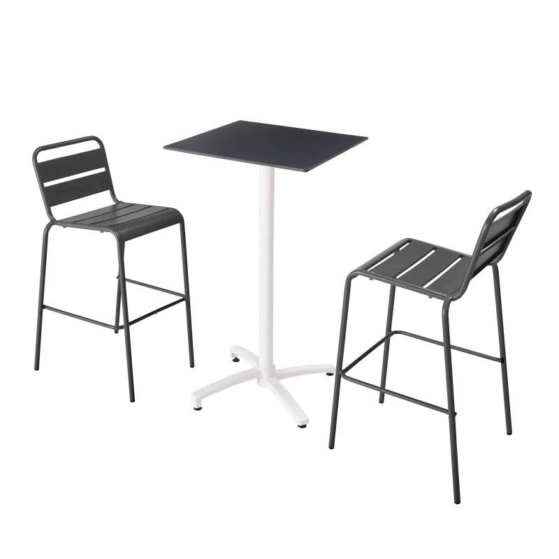 Table haute 60x60 cm inclinable stratifiée avec pied blanc et chaises en métal