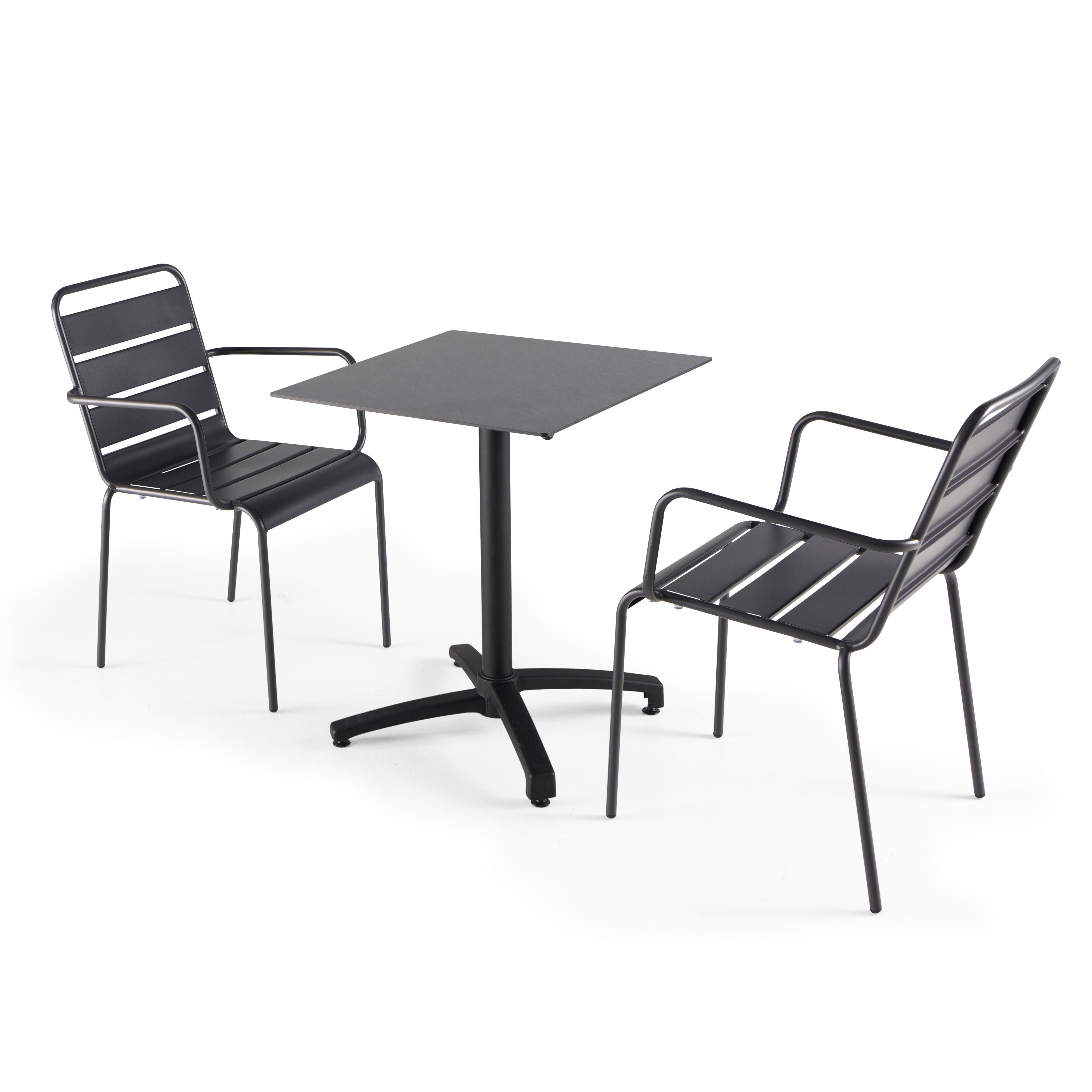 Table de terrasse carrée inclinable en aluminium noir et HPL 60x60 cm et 2 chaises avec accoudoirs en métal