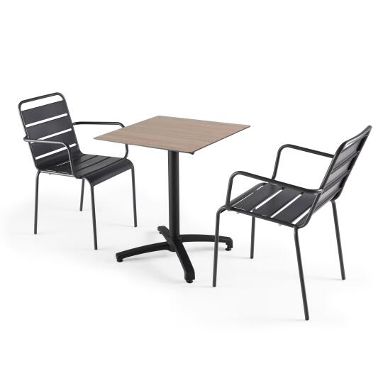 Table de terrasse carrée inclinable en aluminium noir et HPL 60x60 cm et 2 chaises avec accoudoirs en métal | Mobeventpro