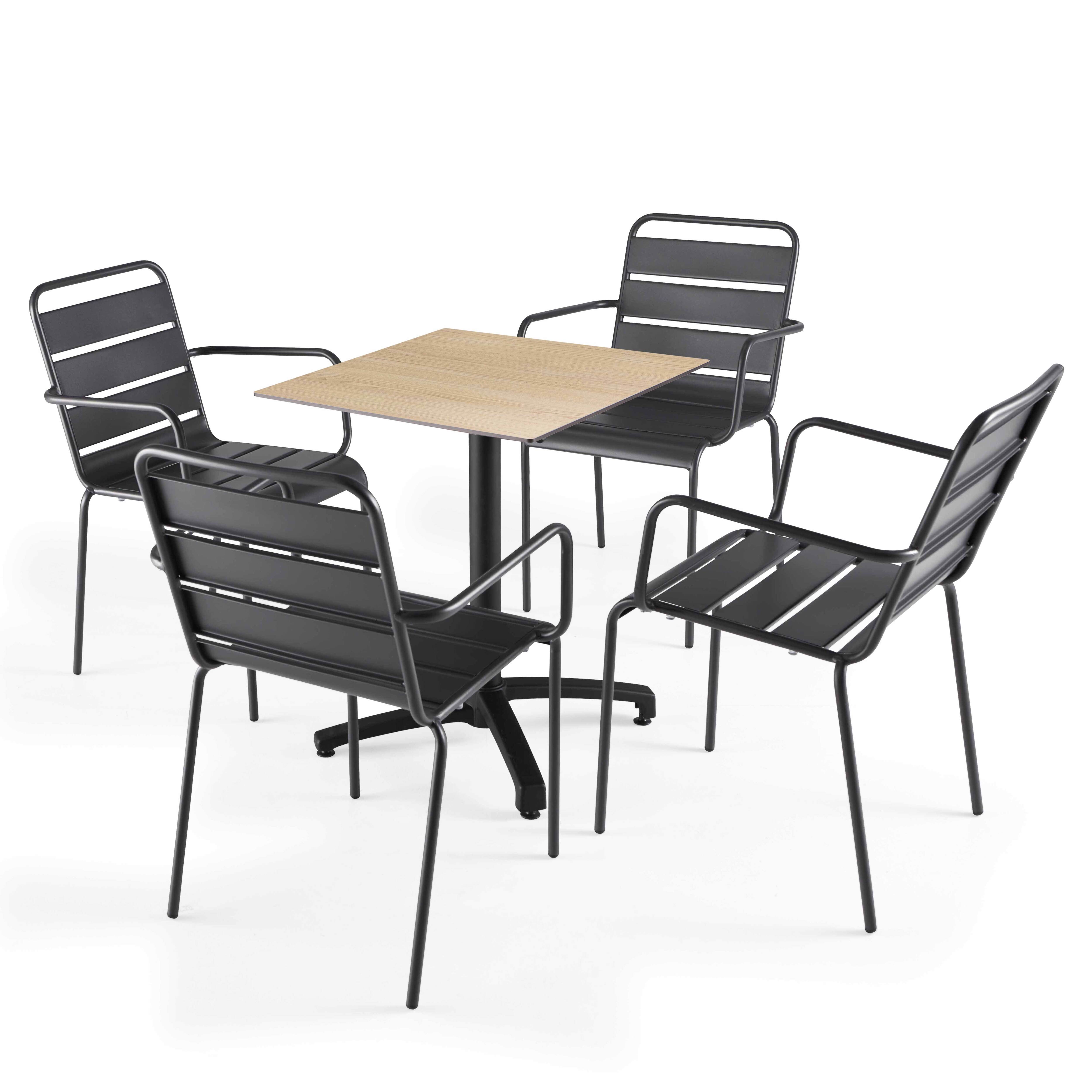 Table de terrasse carrée inclinable en aluminium noir et HPL 60x60 cm et 2 chaises avec accoudoirs en métal
