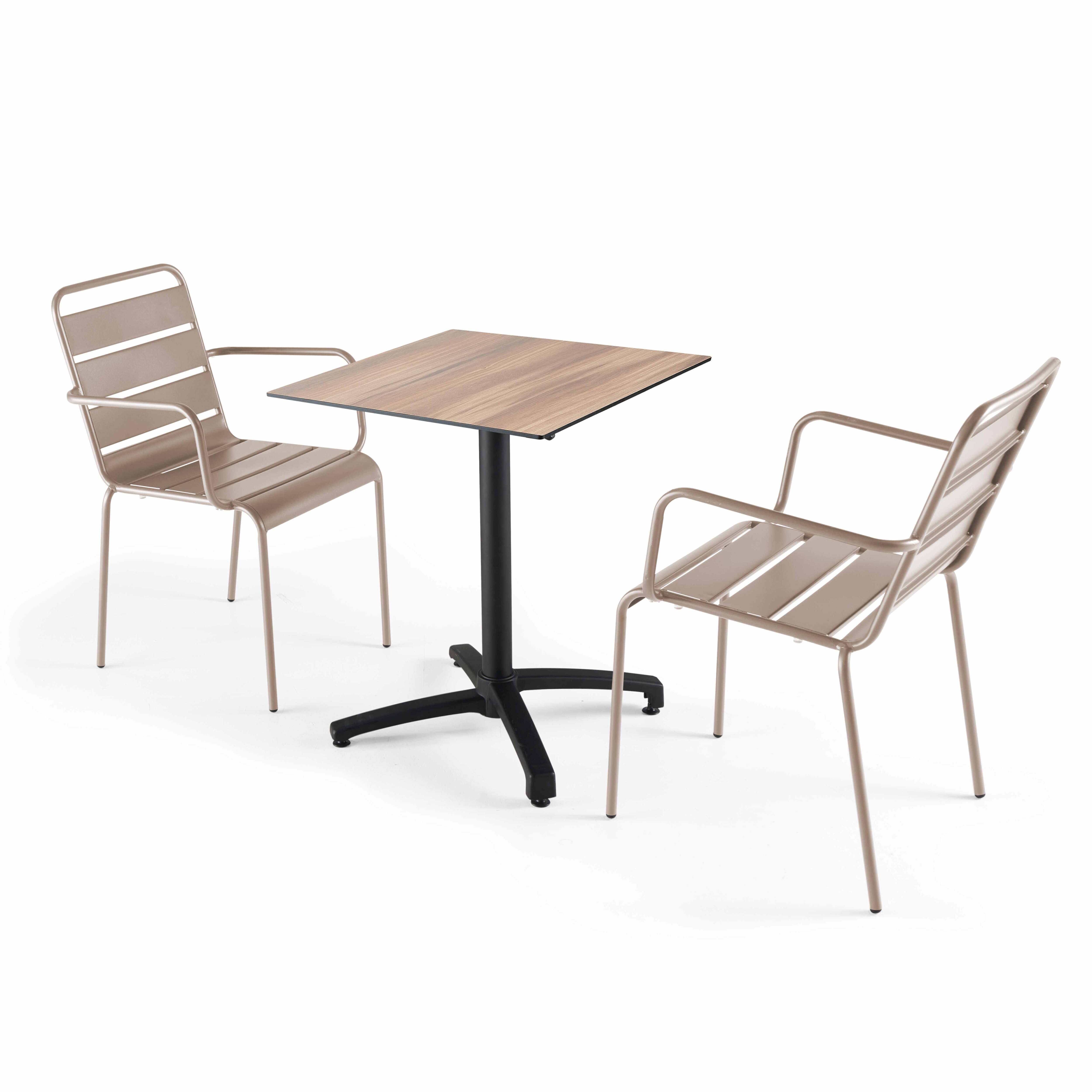 Table de terrasse carrée inclinable en aluminium noir et HPL 60x60 cm et 2 chaises avec accoudoirs en métal