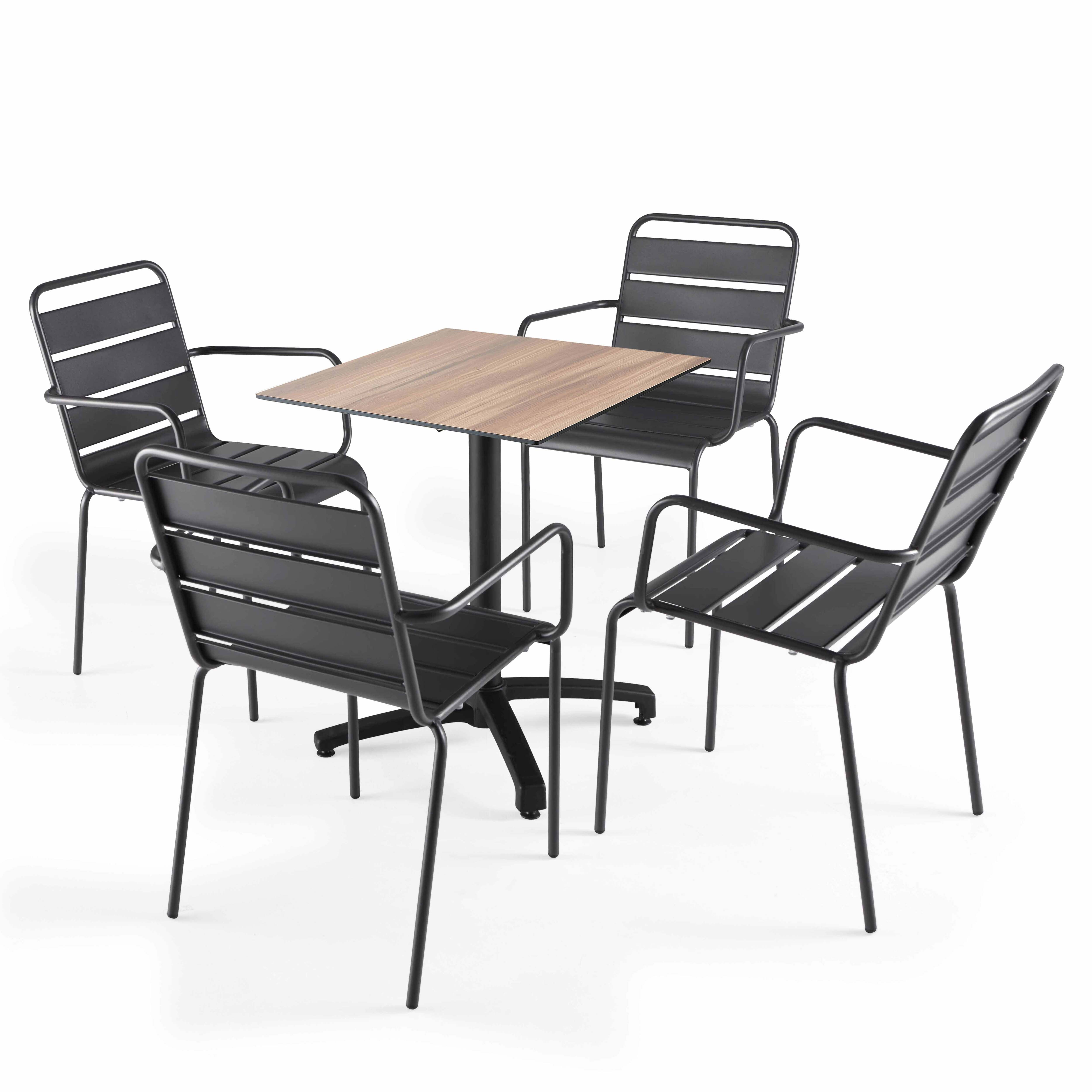 Table de terrasse carrée inclinable en aluminium noir et HPL 60x60 cm et 2 chaises avec accoudoirs en métal