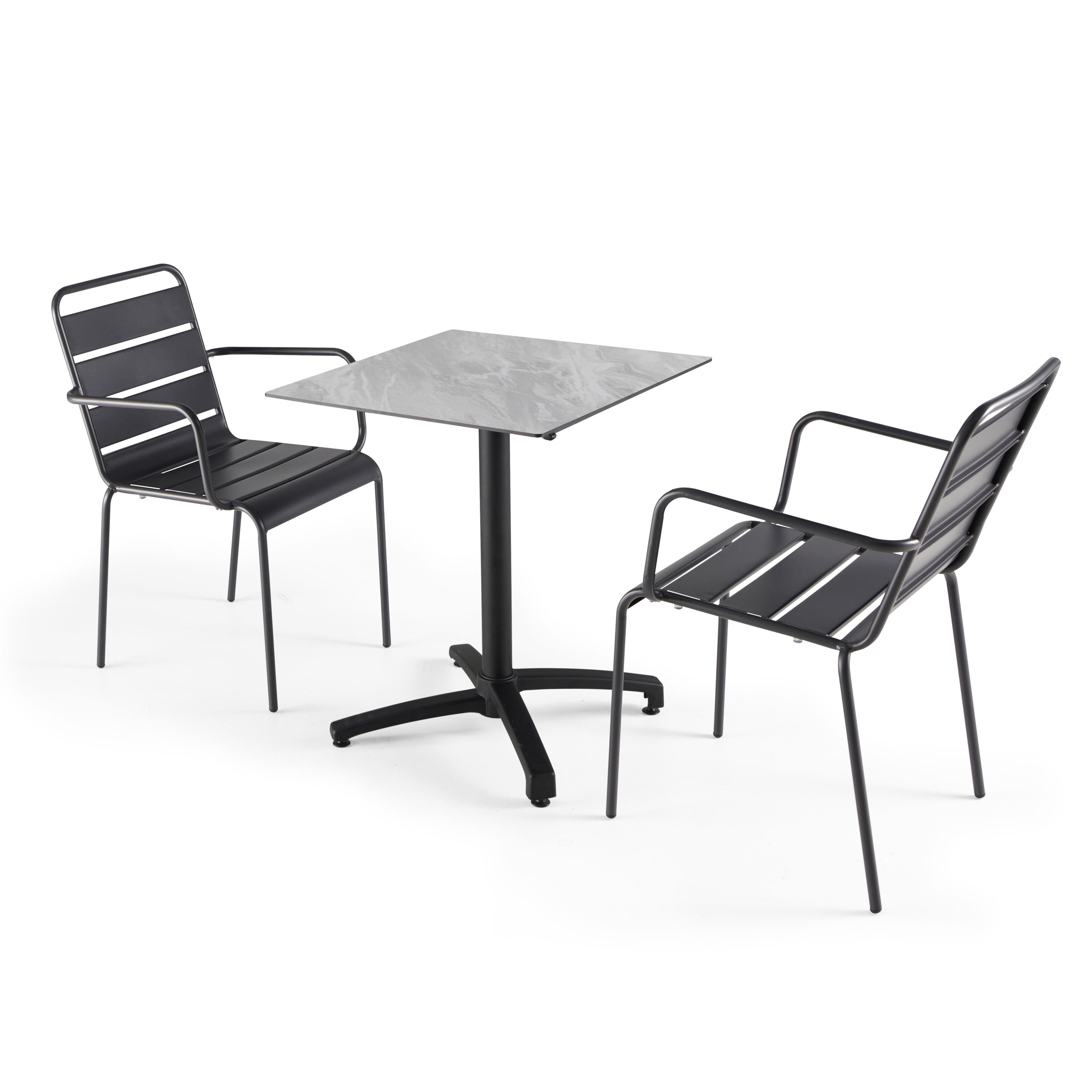 Table de terrasse carrée inclinable en aluminium noir et HPL 60x60 cm et 2 chaises avec accoudoirs en métal