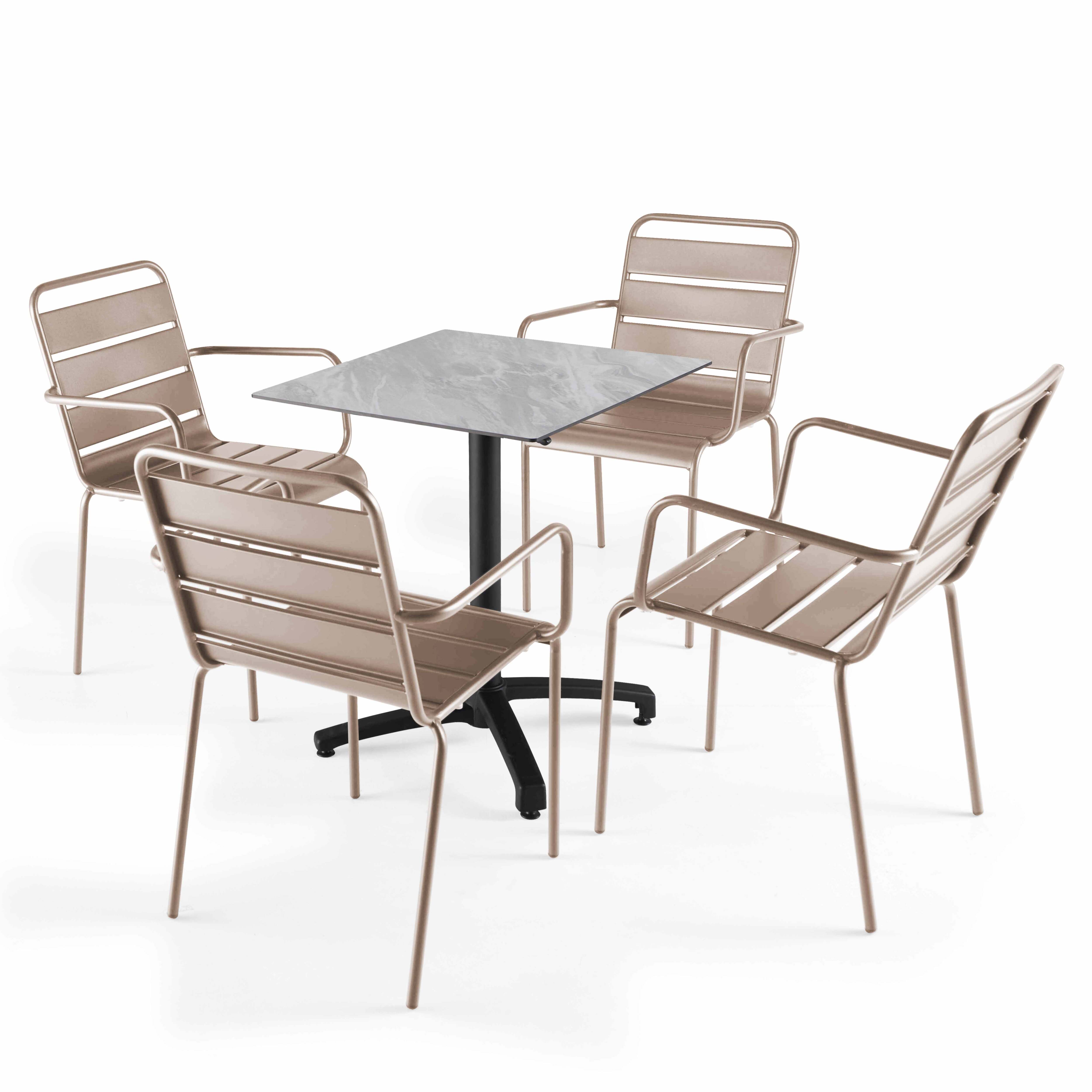 Table de terrasse carrée inclinable en aluminium noir et HPL 60x60 cm et 2 chaises avec accoudoirs en métal