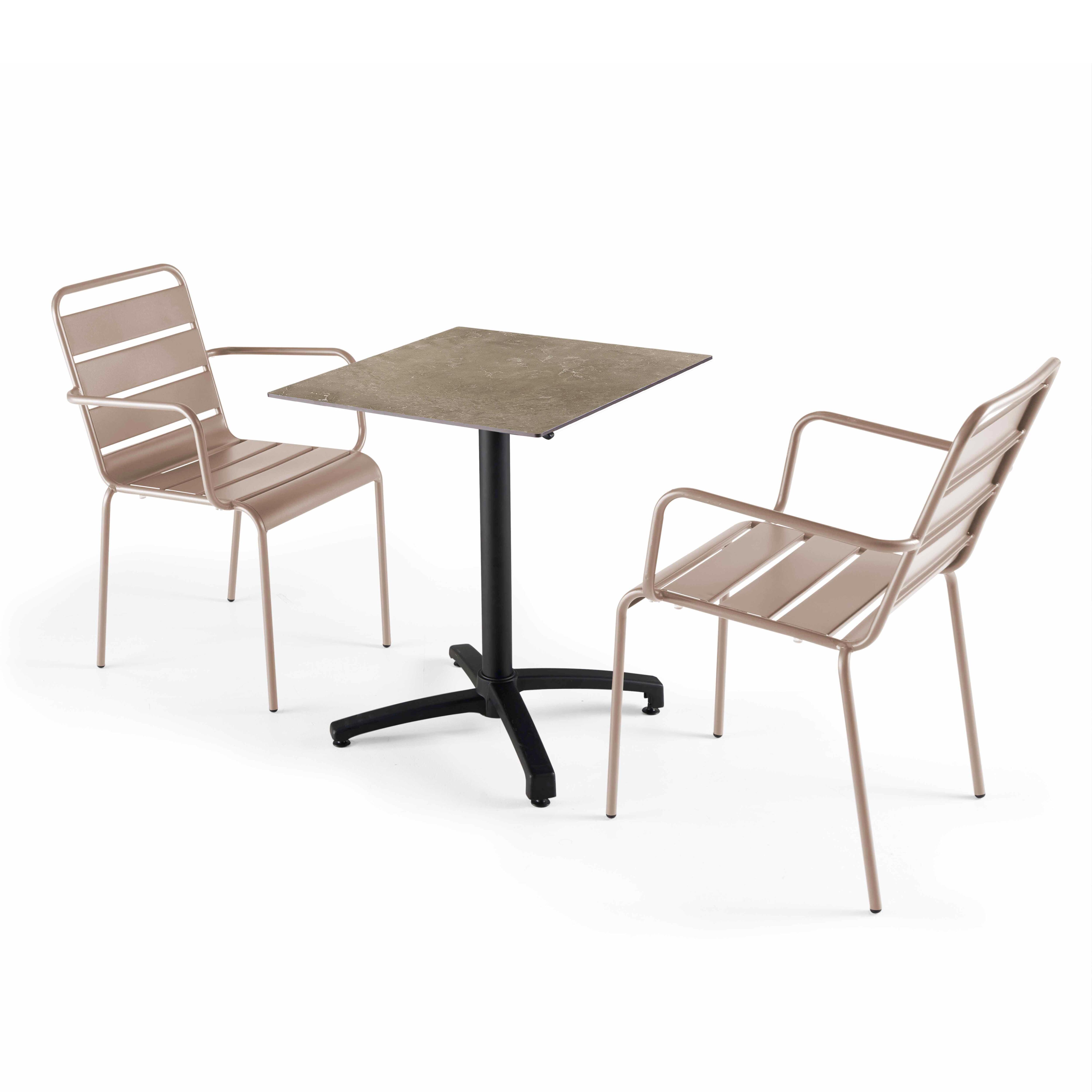 Table de terrasse carrée inclinable en aluminium noir et HPL 60x60 cm et 2 chaises avec accoudoirs en métal