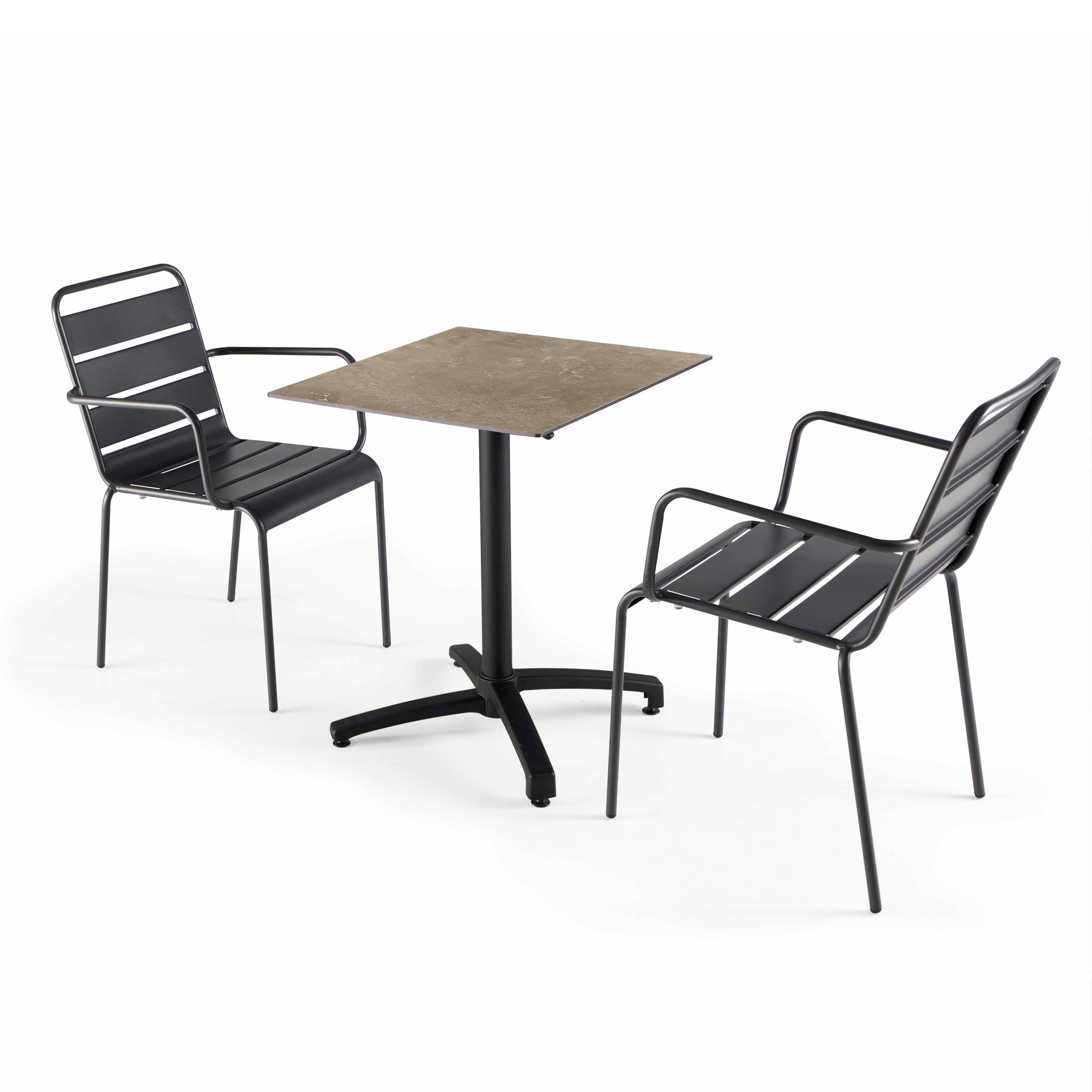Table de terrasse carrée inclinable en aluminium noir et HPL 60x60 cm et 2 chaises avec accoudoirs en métal