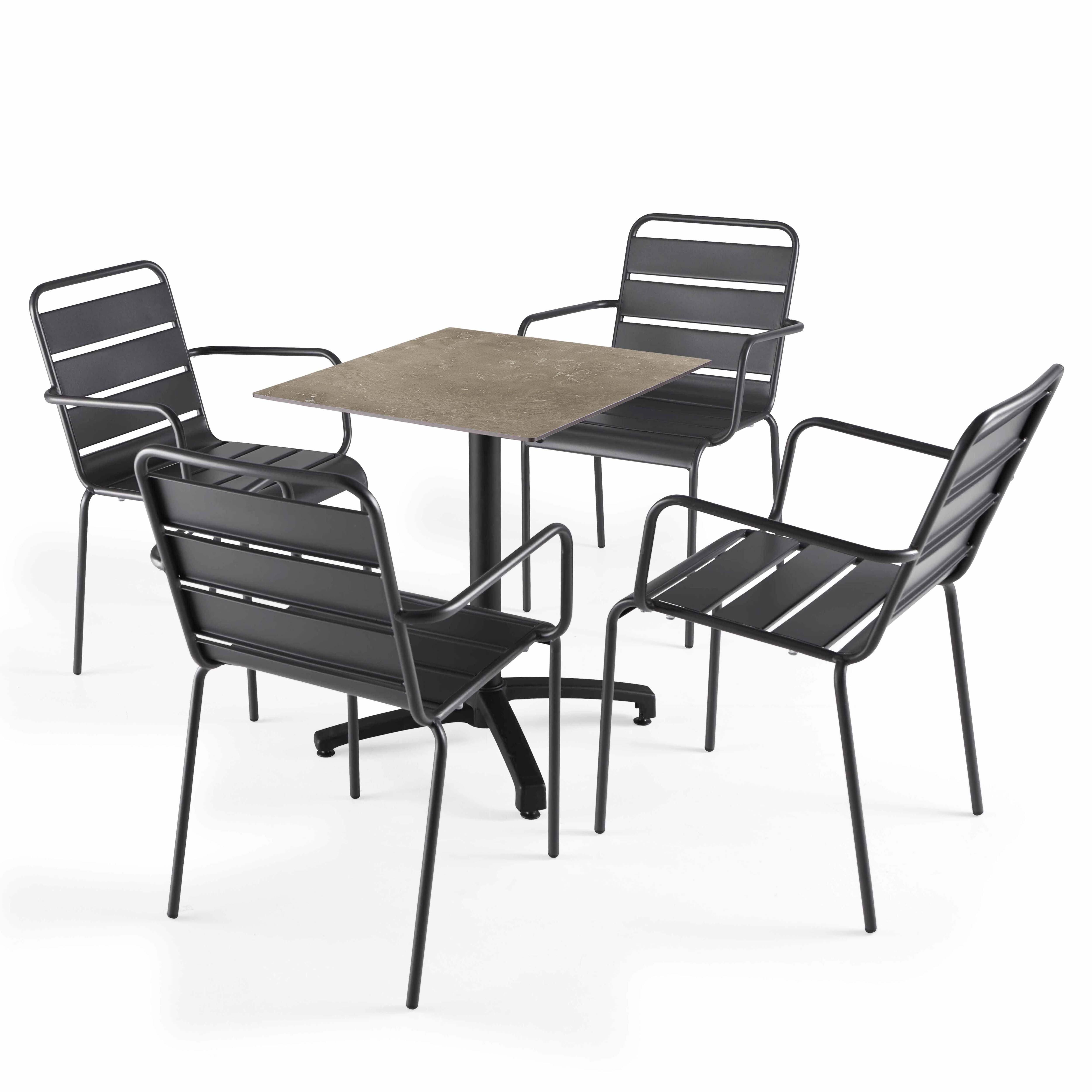 Table de terrasse carrée inclinable en aluminium noir et HPL 60x60 cm et 2 chaises avec accoudoirs en métal