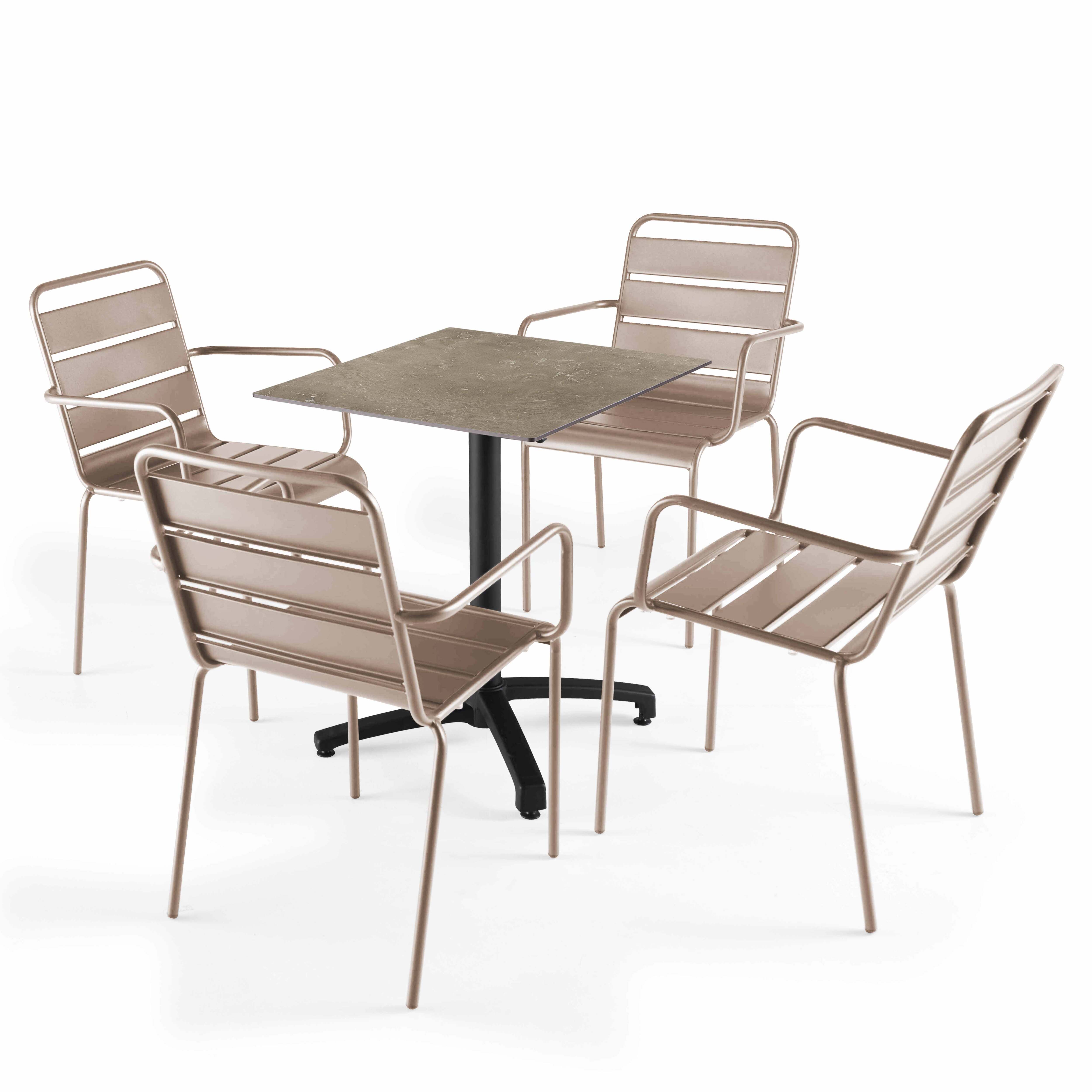 Table de terrasse carrée inclinable en aluminium noir et HPL 60x60 cm et 2 chaises avec accoudoirs en métal