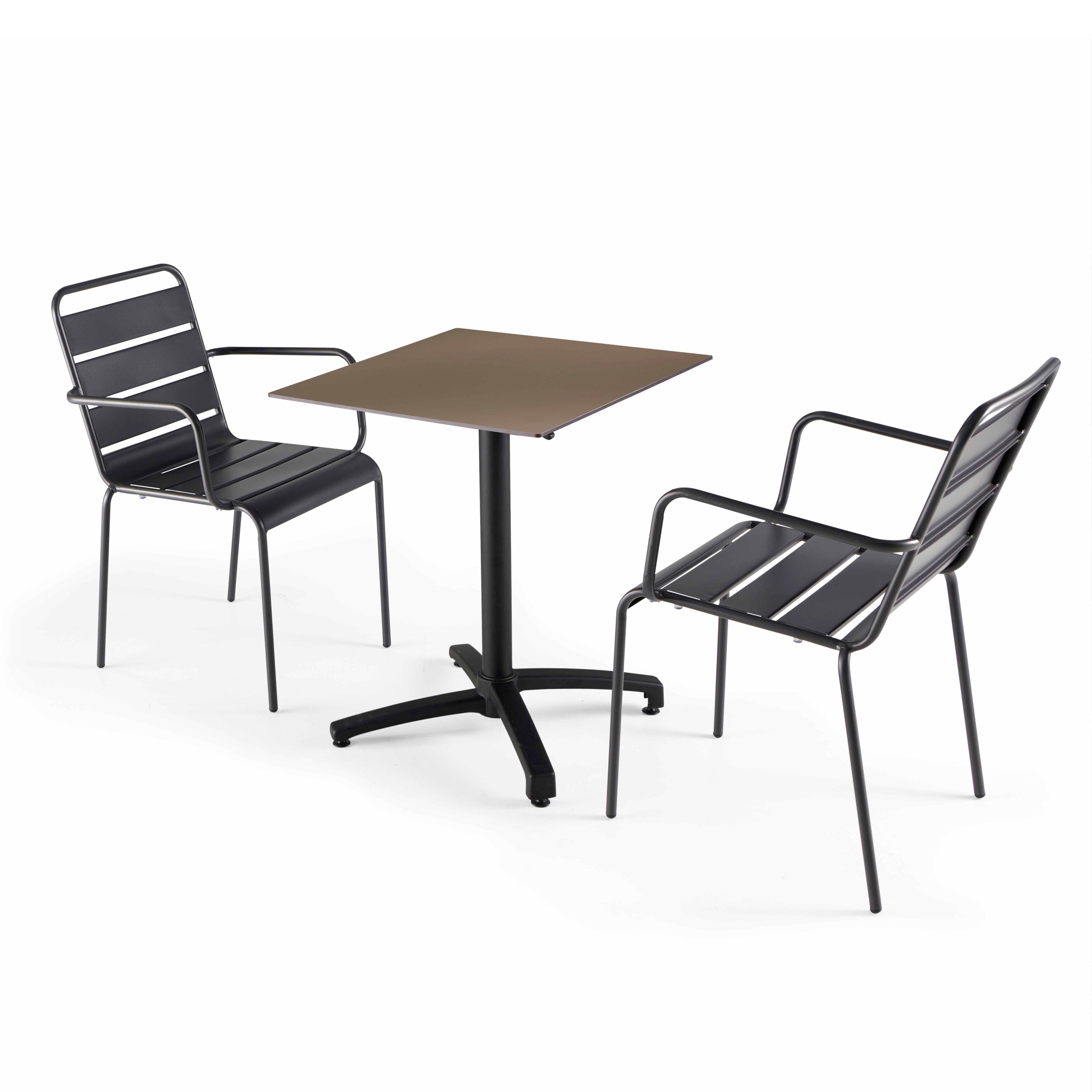 Table de terrasse carrée inclinable en aluminium noir et HPL 60x60 cm et 2 chaises avec accoudoirs en métal