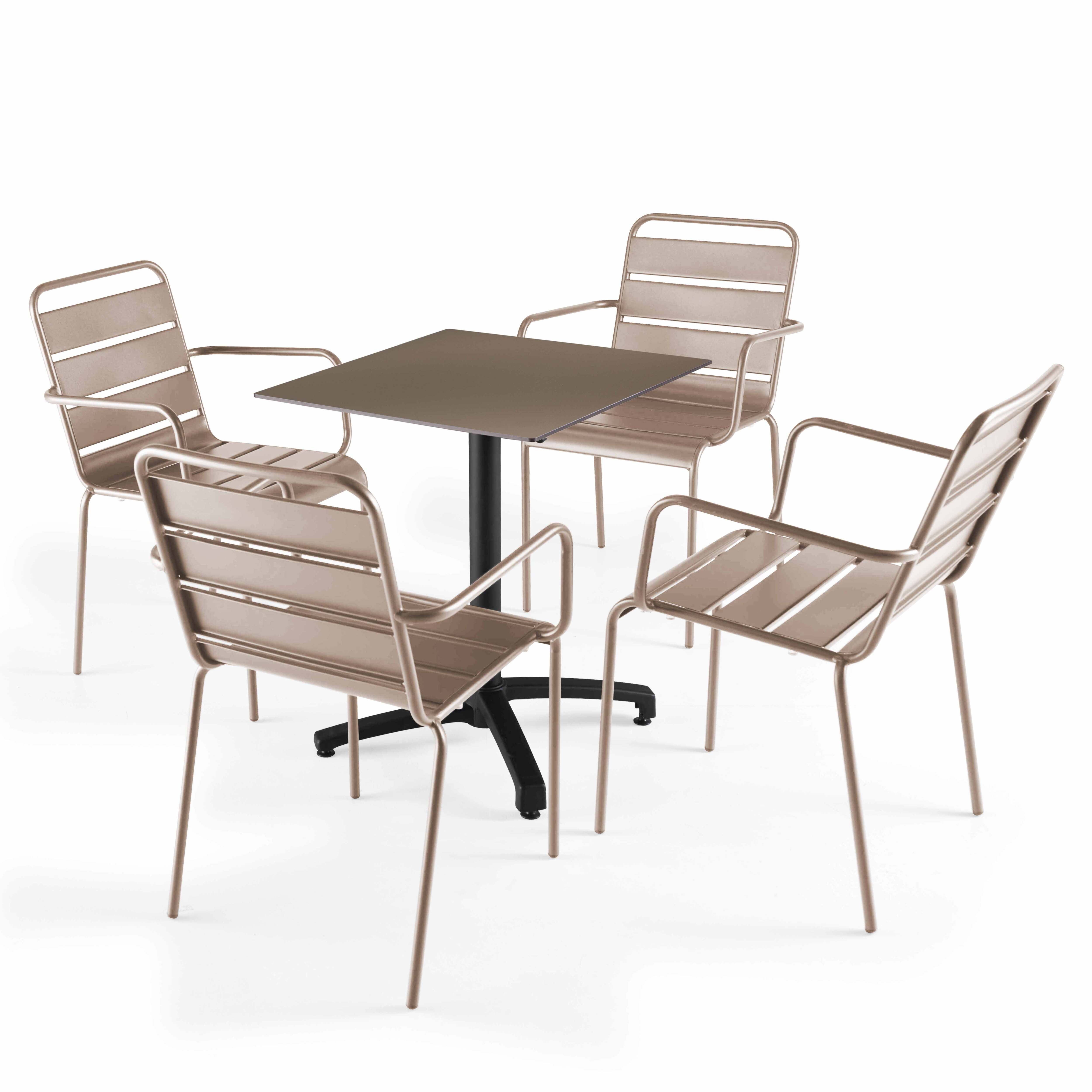 Table de terrasse carrée inclinable en aluminium noir et HPL 60x60 cm et 2 chaises avec accoudoirs en métal