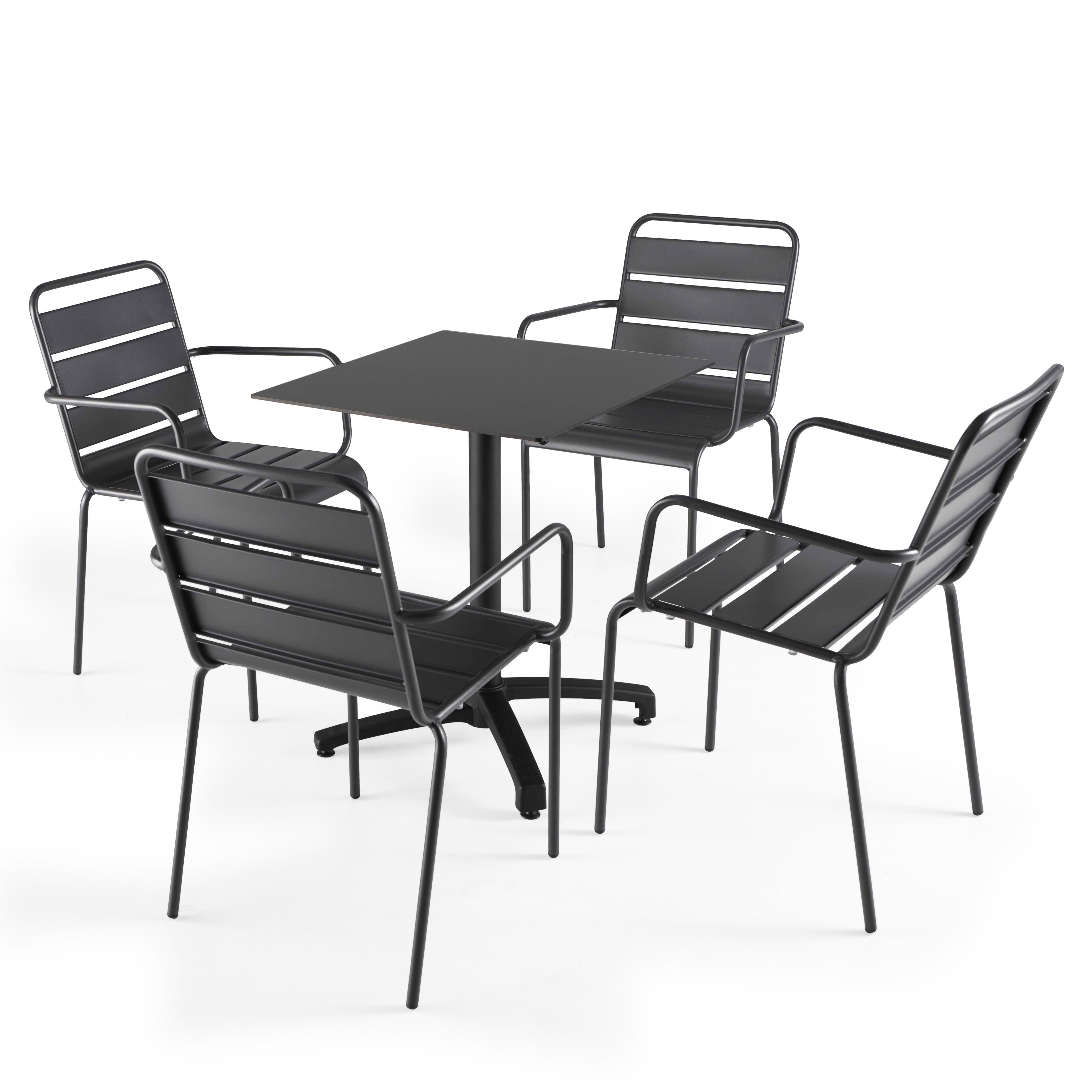 Table de terrasse carrée inclinable en aluminium noir et HPL 60x60 cm et 2 chaises avec accoudoirs en métal